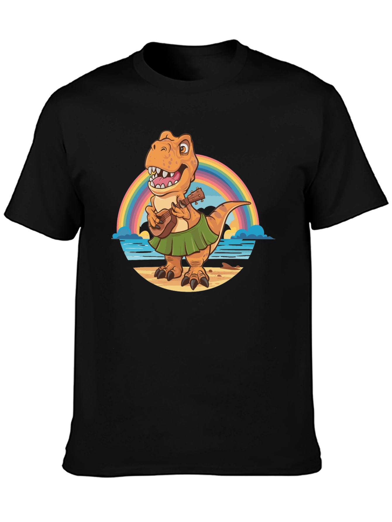 Dinosaur Ukulele Rainbow Beach Black T-Shirt