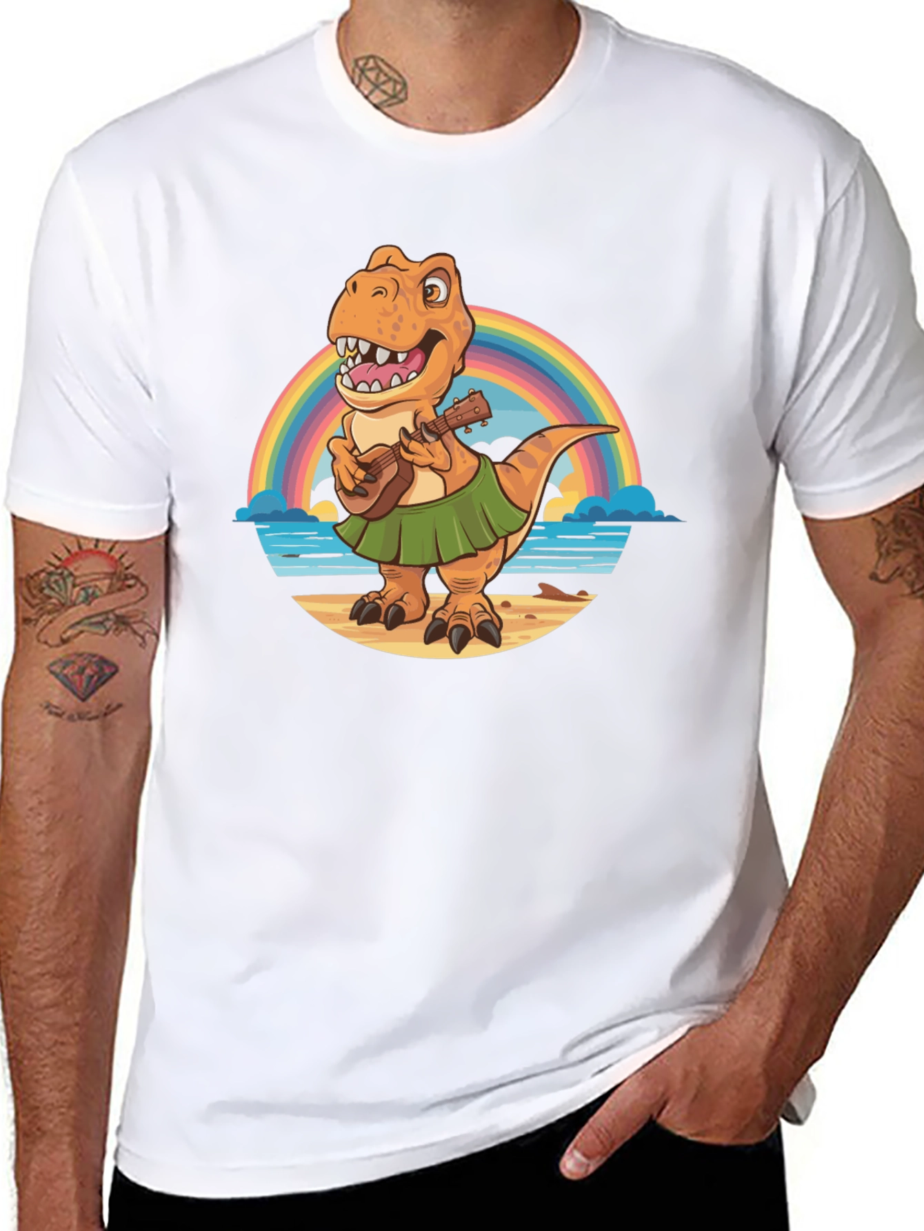Dinosaur Ukulele Rainbow Beach Black T-Shirt