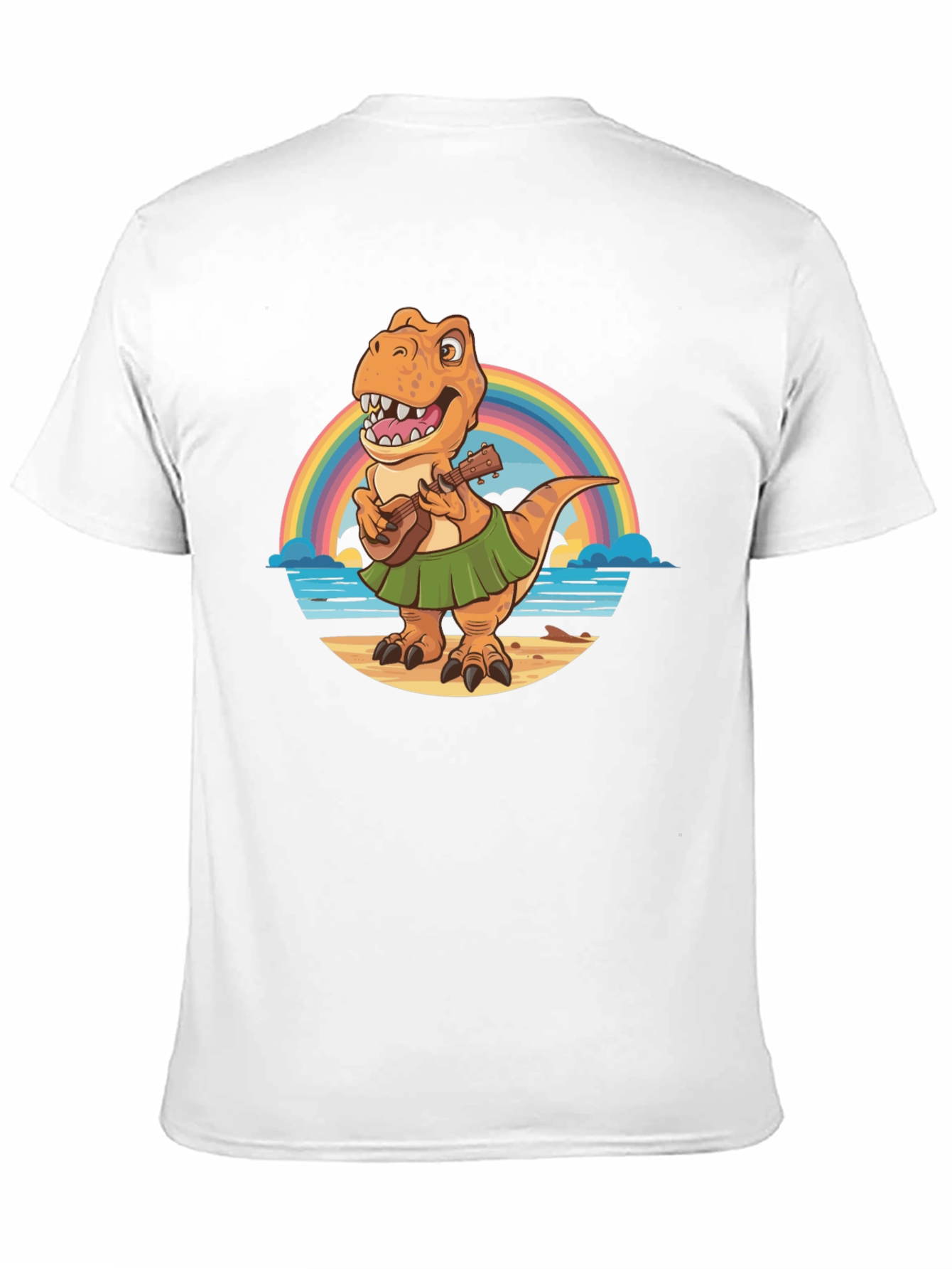 Dinosaur Ukulele Rainbow Beach Black T-Shirt