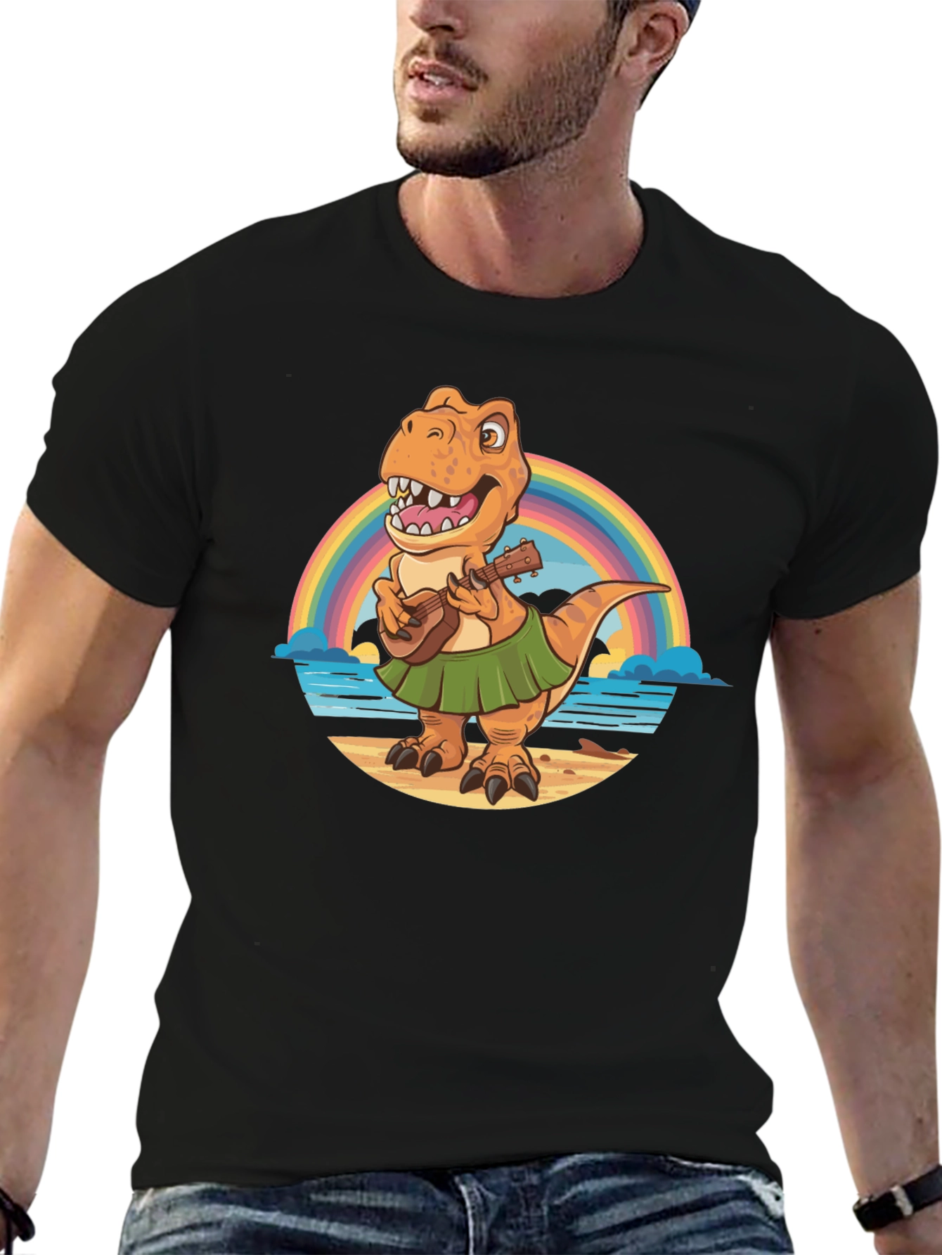 Dinosaur Ukulele Rainbow Beach Black T-Shirt