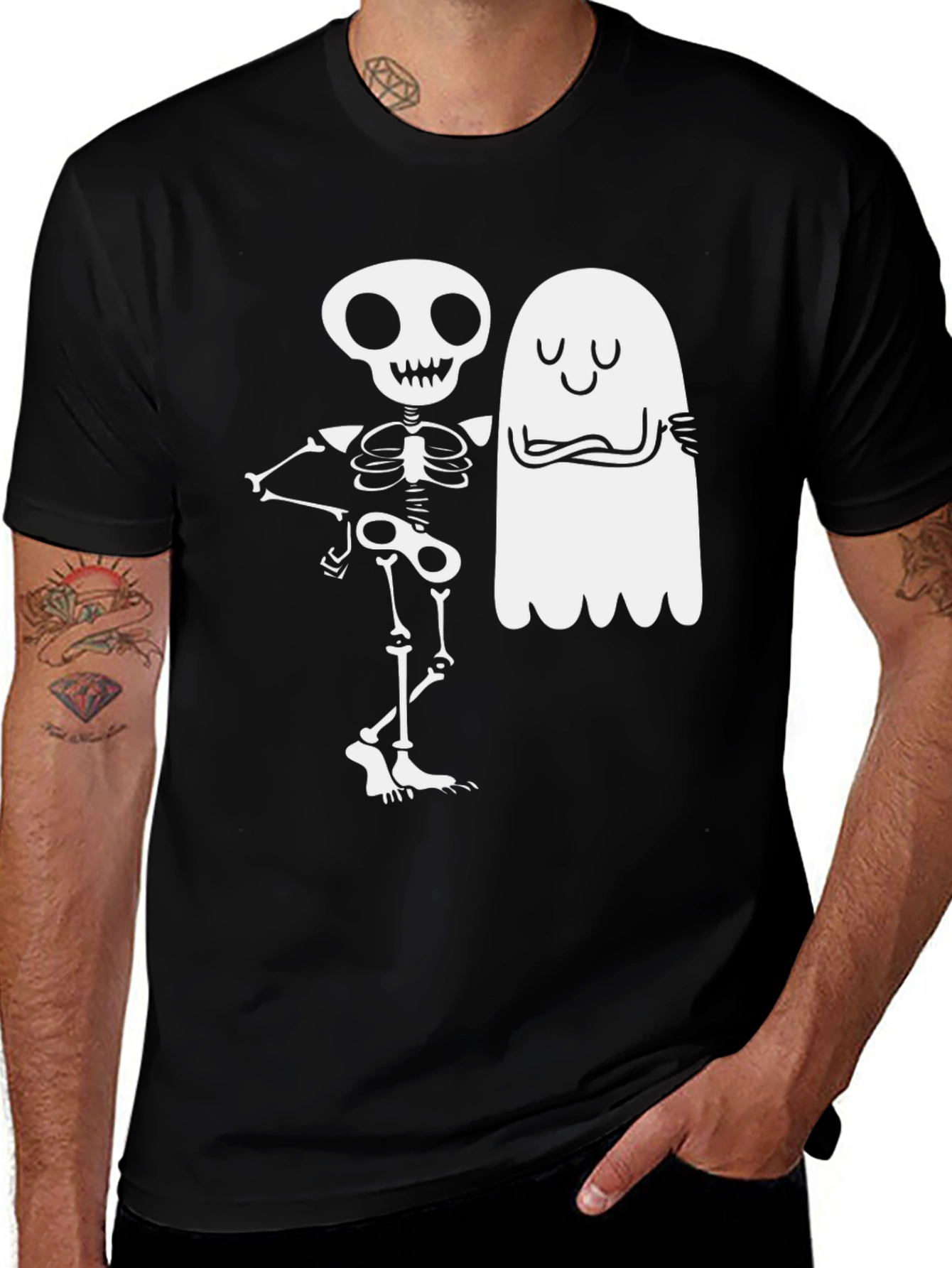 Skeleton & Ghost Graphic Tee - Spooky Season Apparel