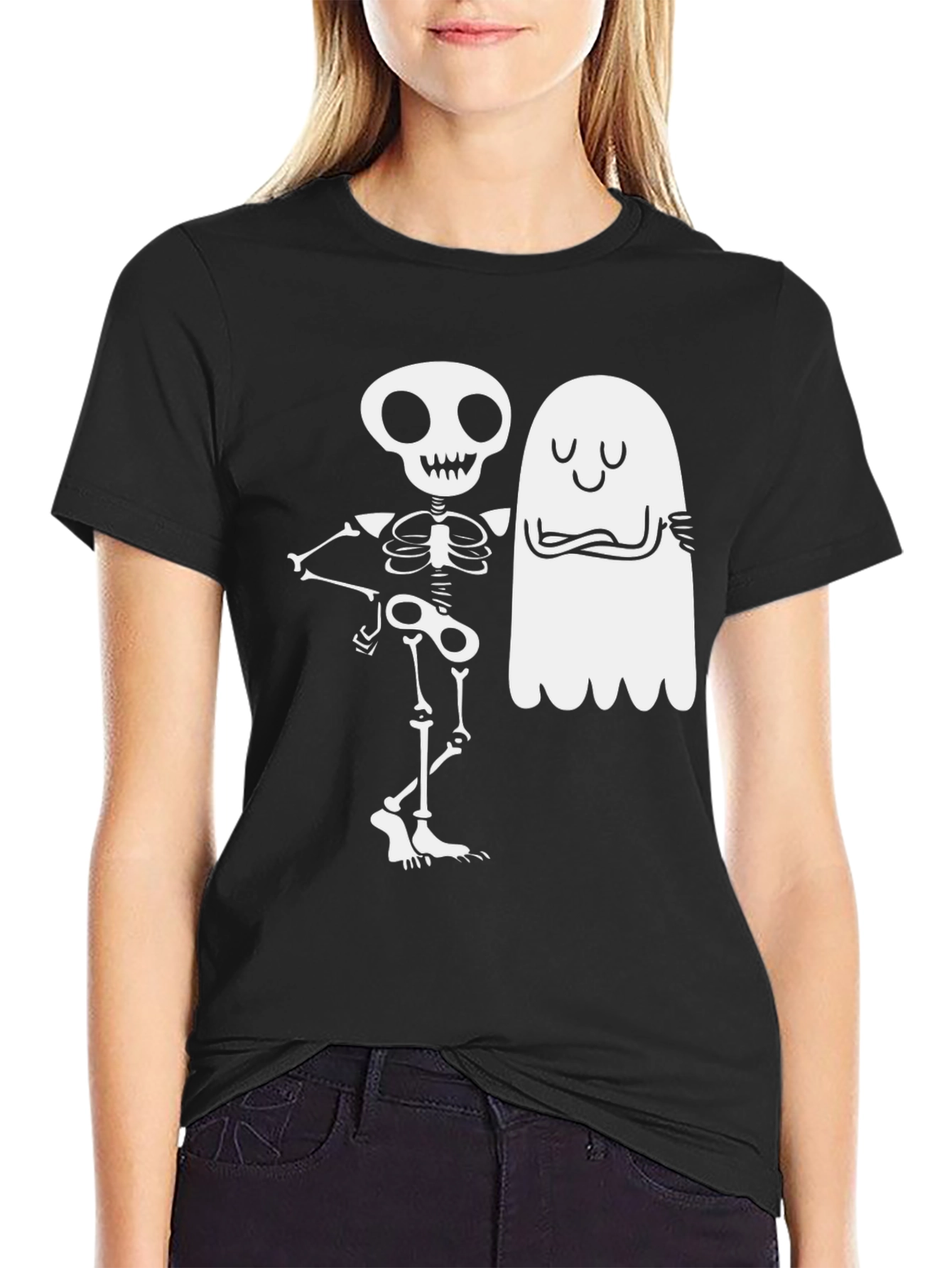 Skeleton & Ghost Graphic Tee - Spooky Season Apparel