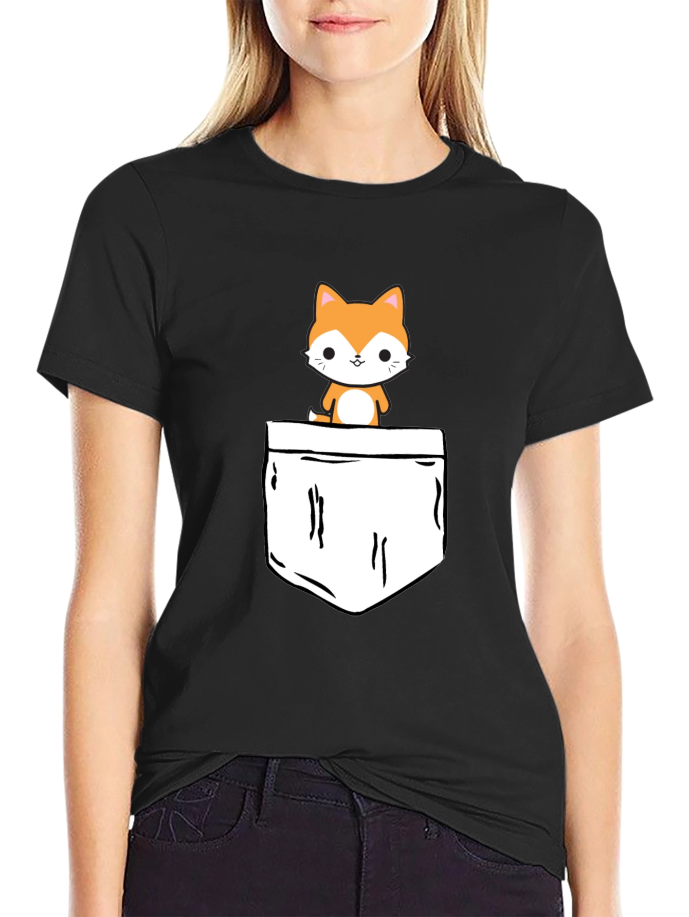 Cute Pocket Cat Graphic Tee - Black T-Shirt