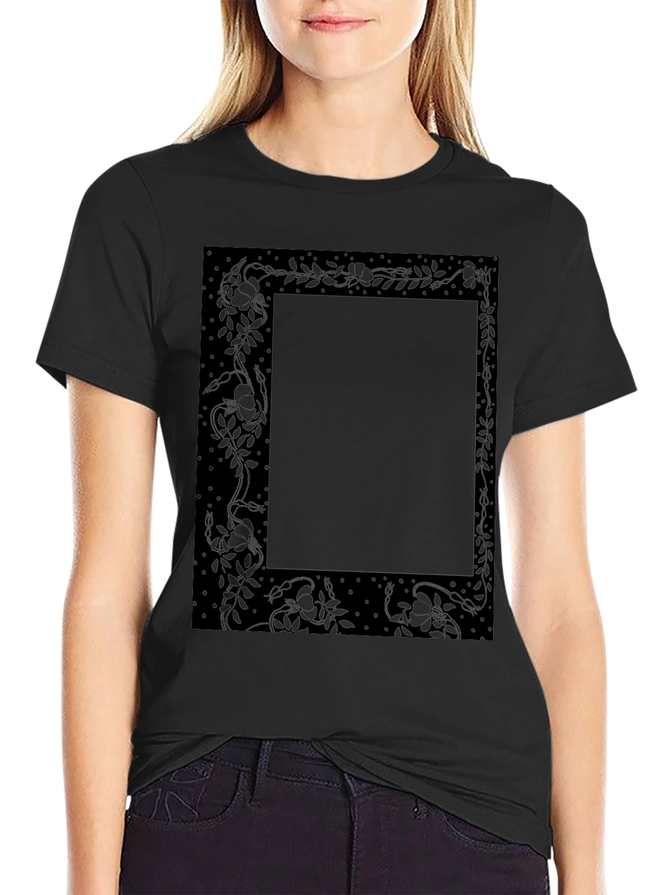 Elegant Floral Frame Black T-Shirt