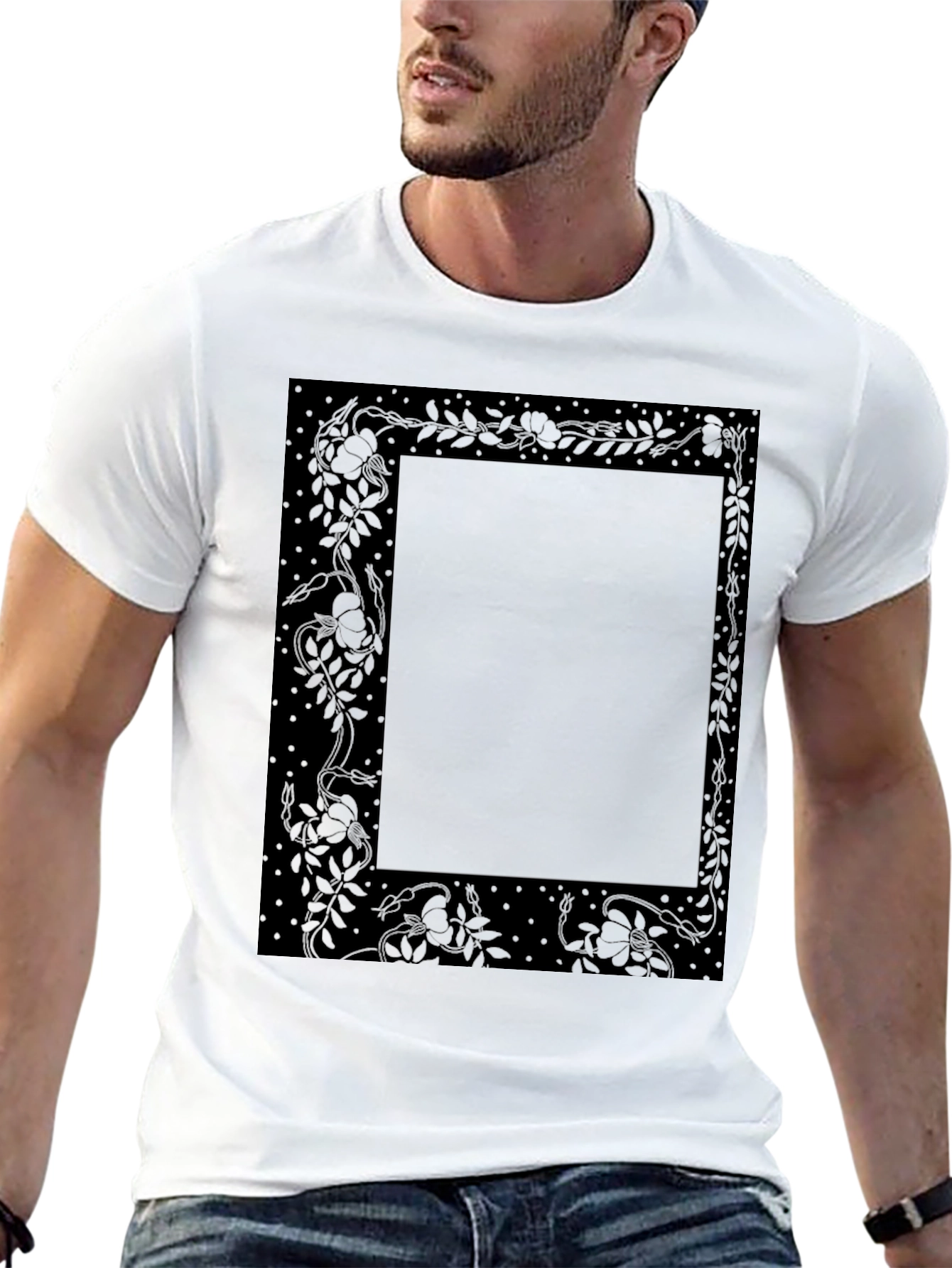 Elegant Floral Frame Black T-Shirt