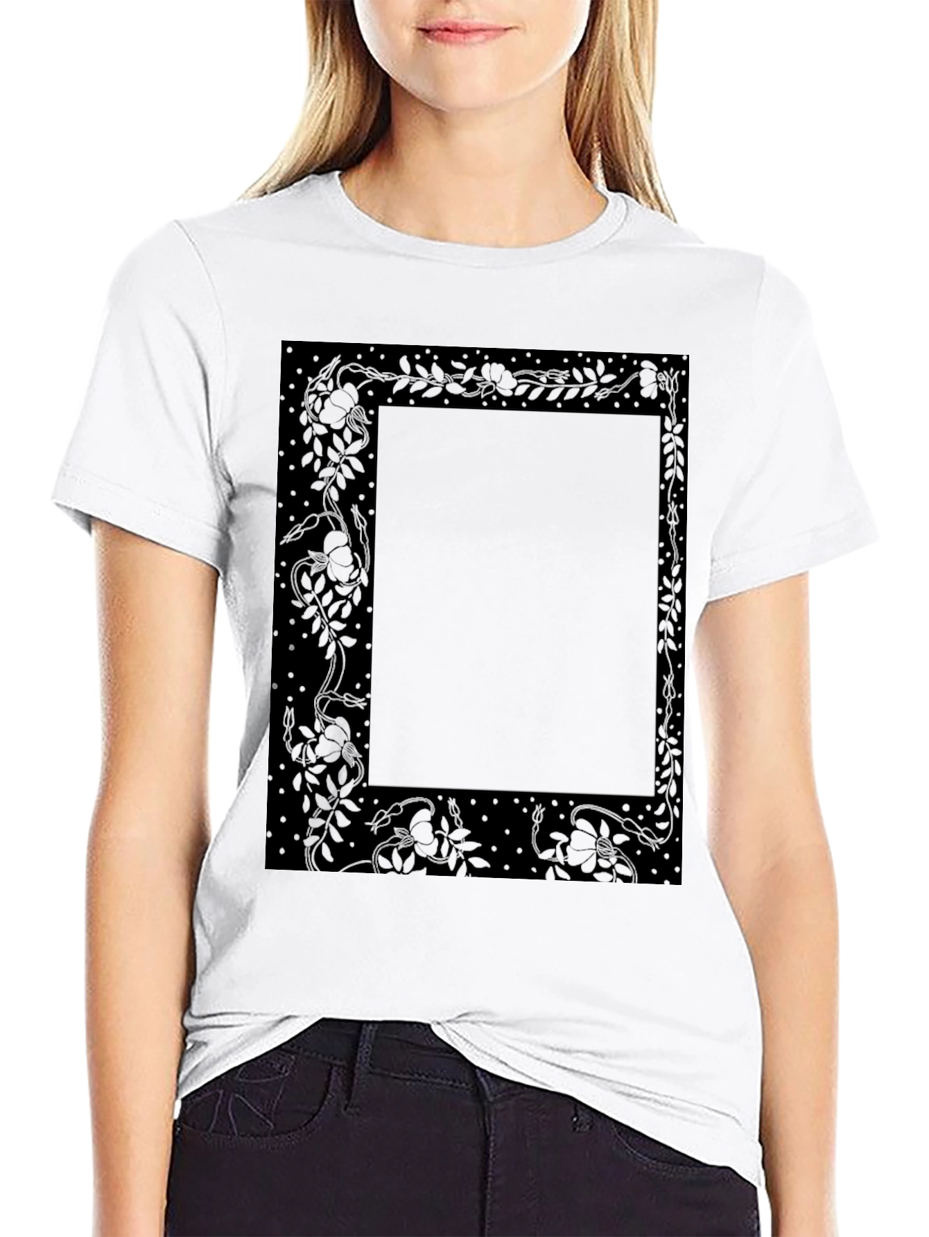 Elegant Floral Frame Black T-Shirt