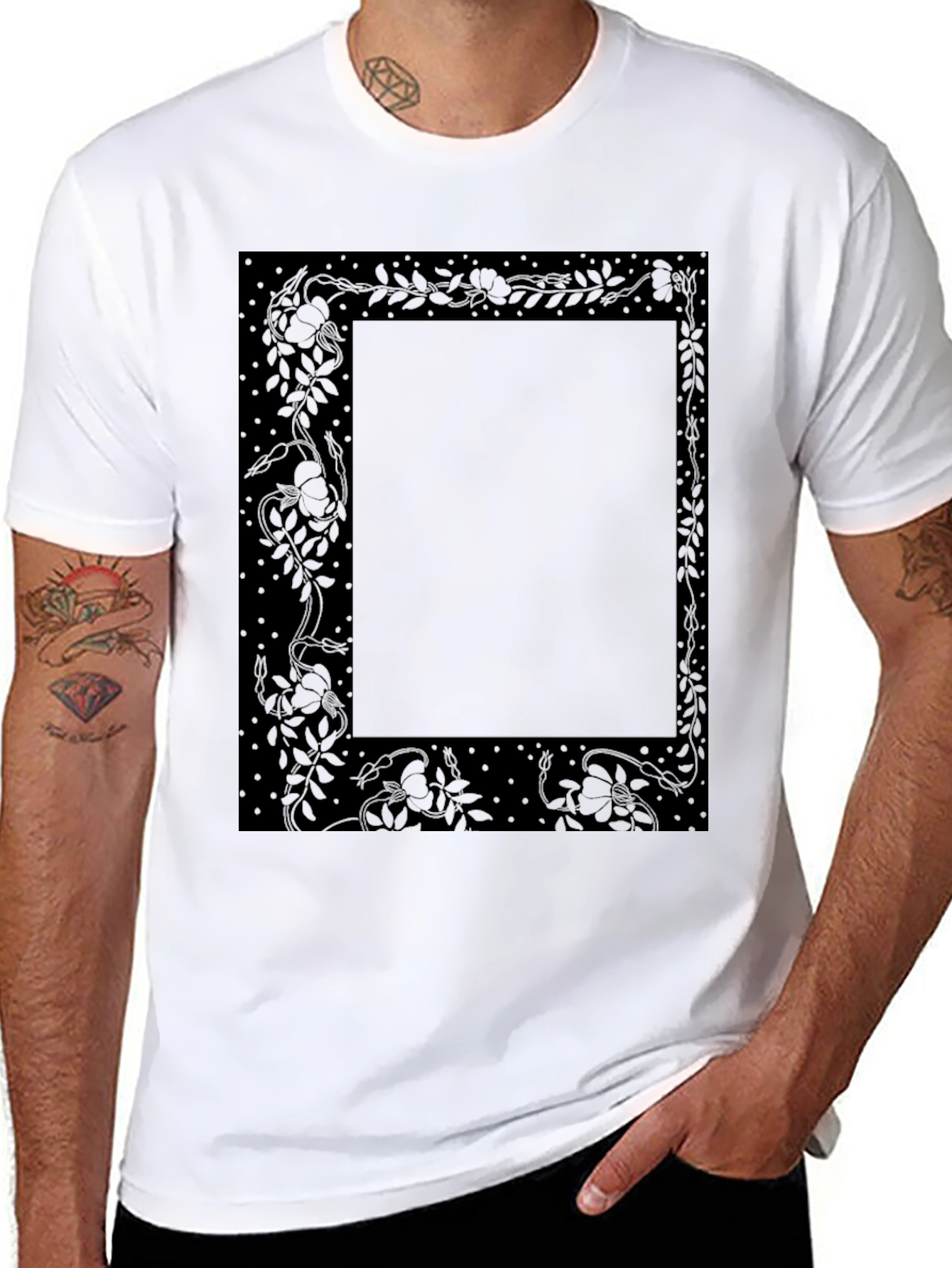 Elegant Floral Frame Black T-Shirt
