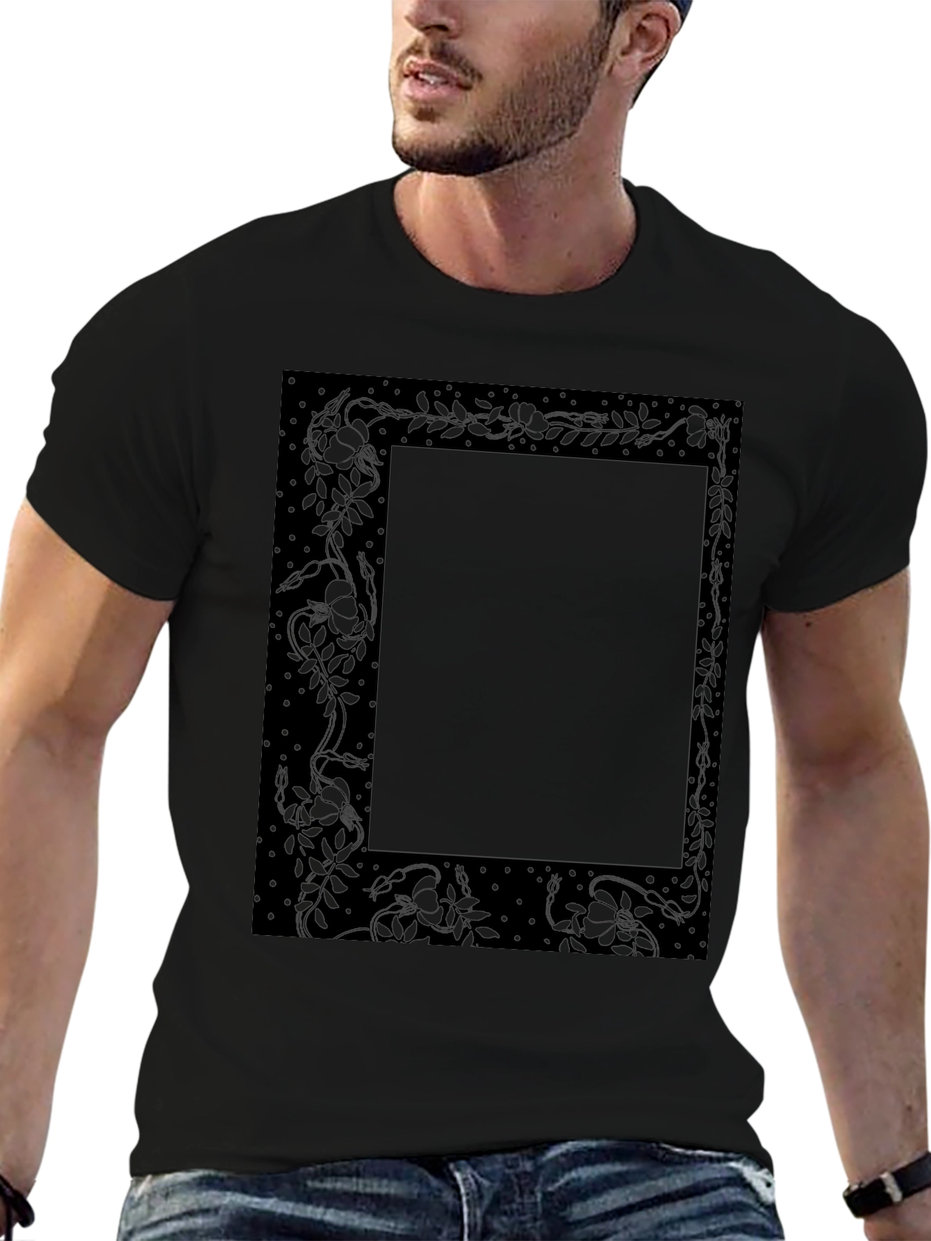 Elegant Floral Frame Black T-Shirt
