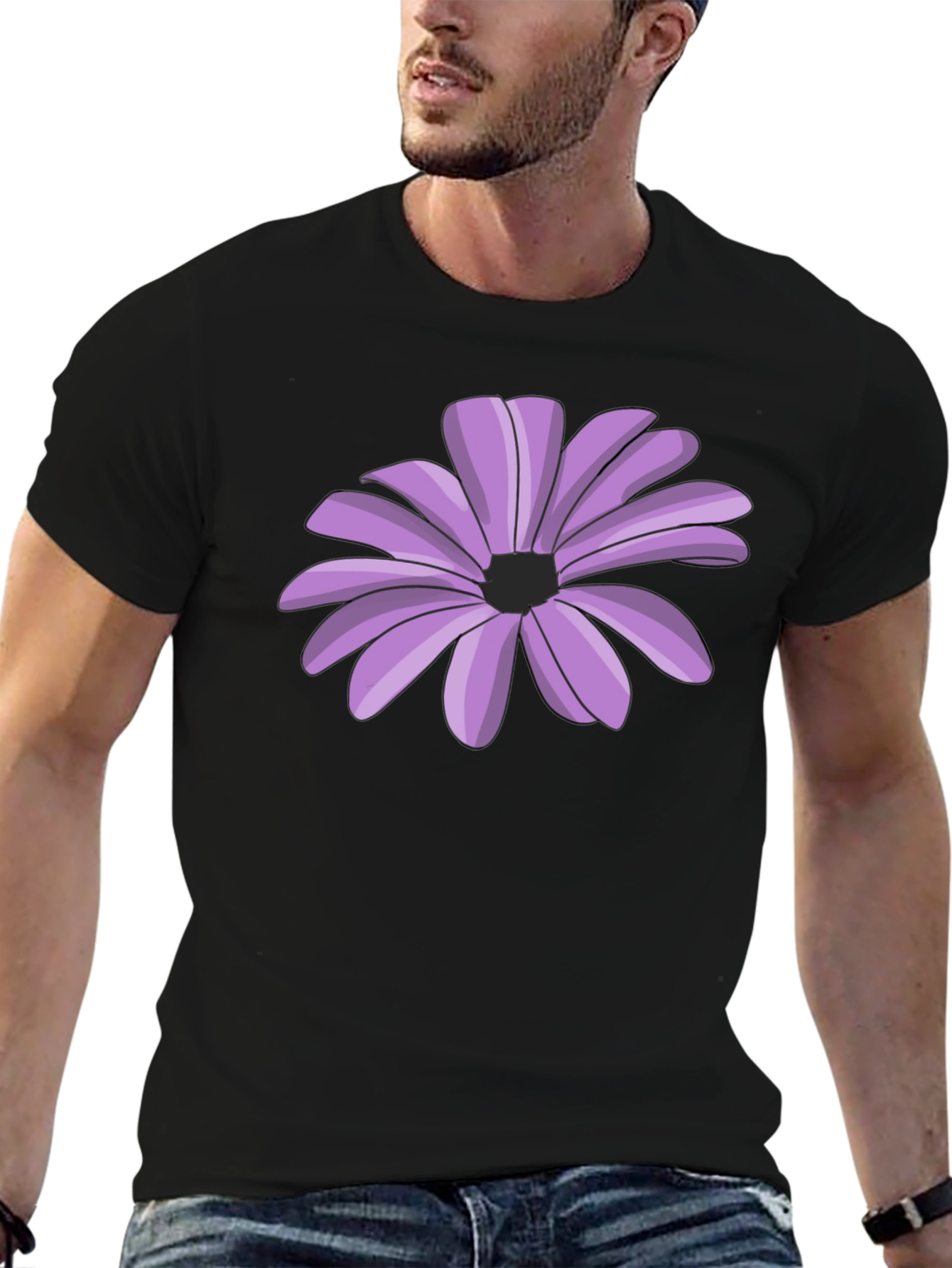 Black T-Shirt with Purple Flower Graphic