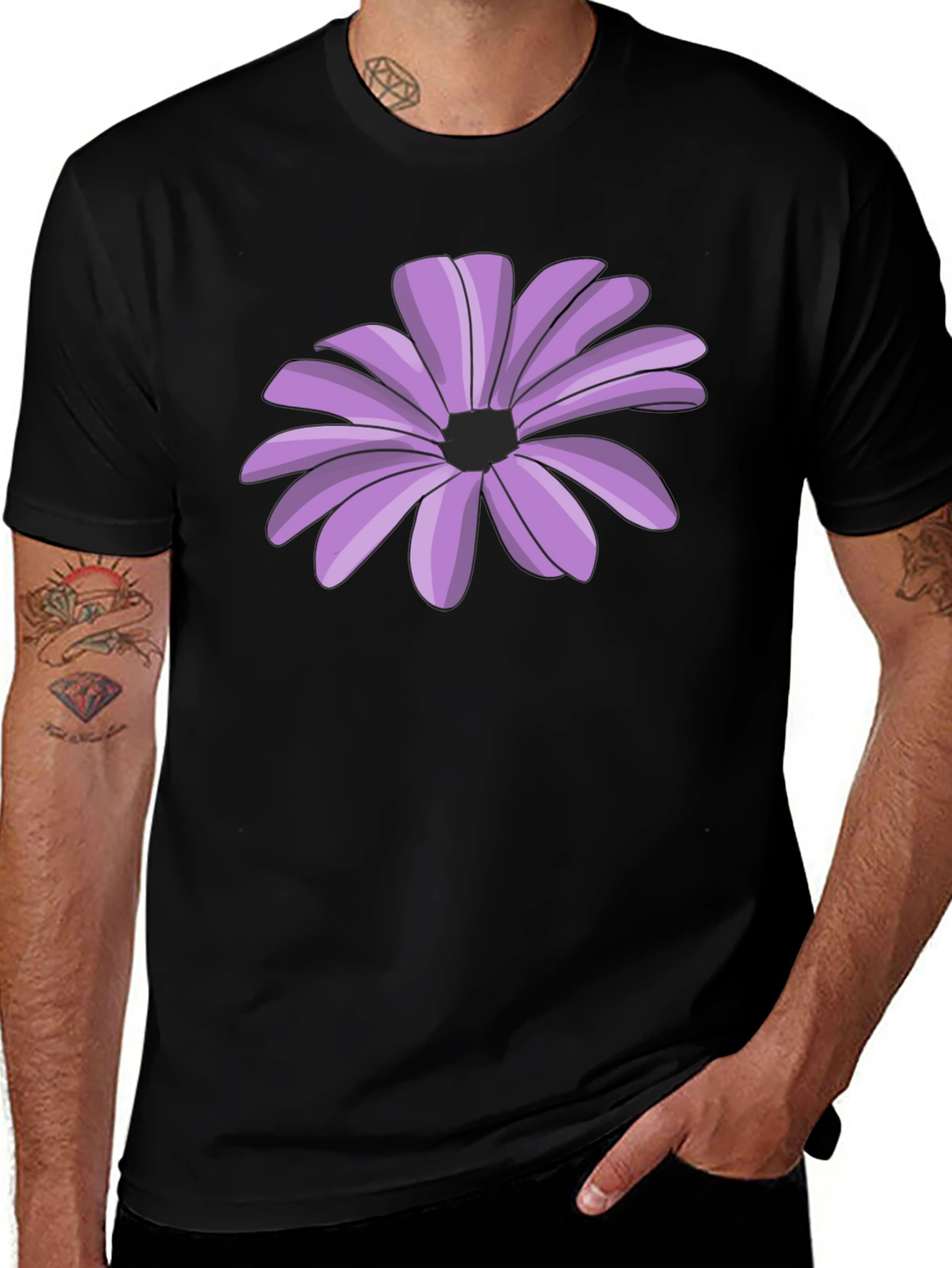 Black T-Shirt with Purple Flower Graphic
