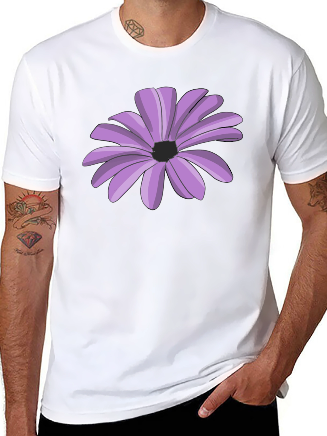 Black T-Shirt with Purple Flower Graphic