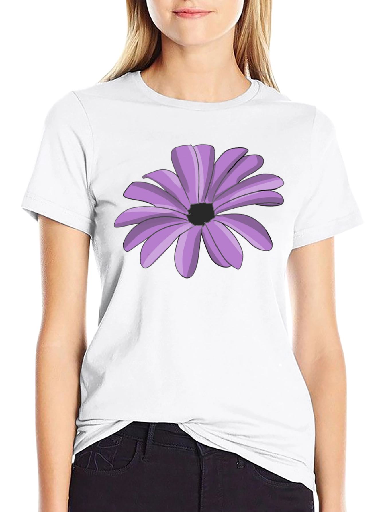 Black T-Shirt with Purple Flower Graphic