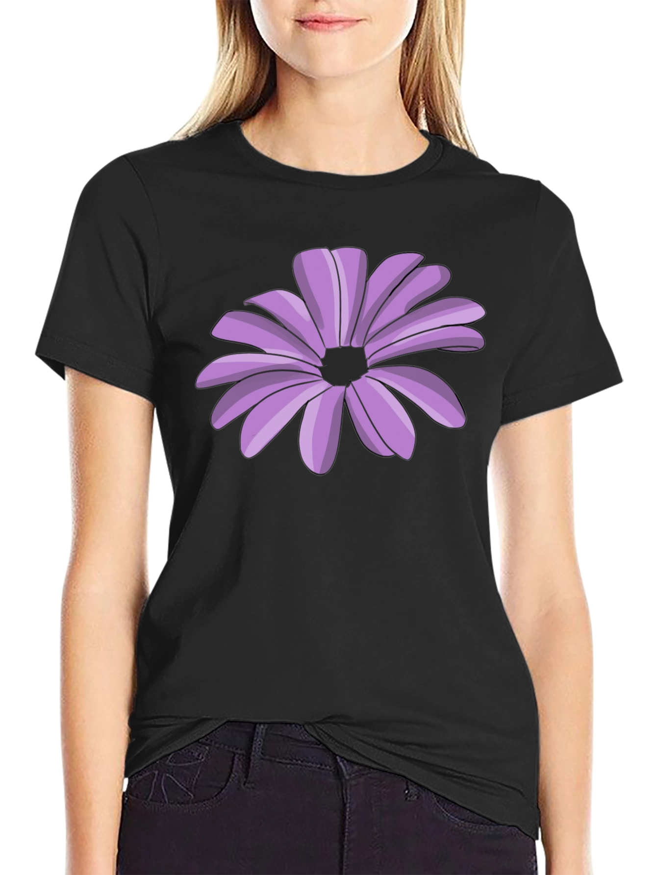 Black T-Shirt with Purple Flower Graphic