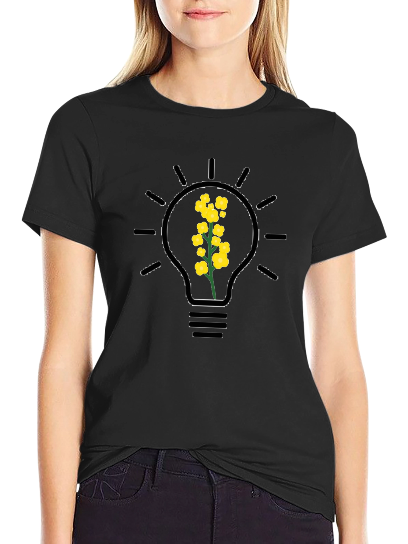 Floral Bulb Graphic Tee - Black Cotton Blend