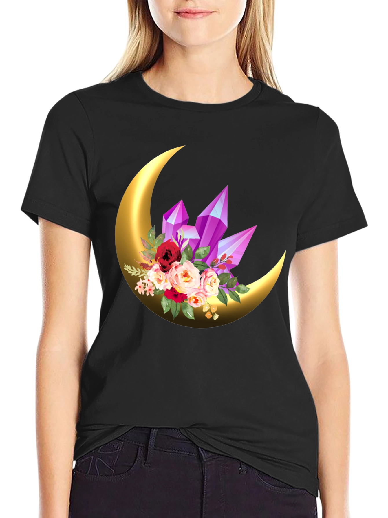 Crescent Moon Crystal Floral Graphic Tee