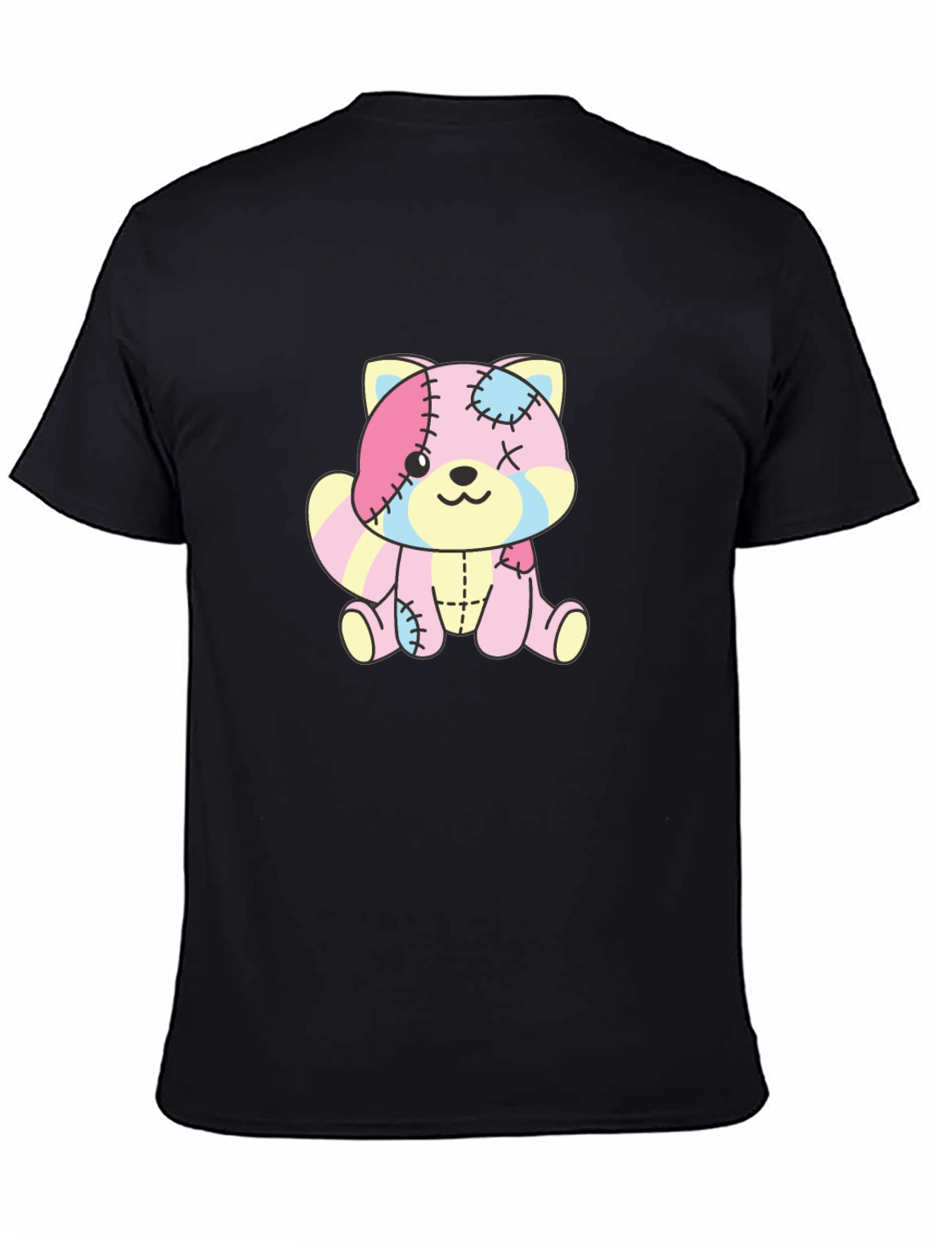 Cute Patchwork Bear Graphic Black T-Shirt