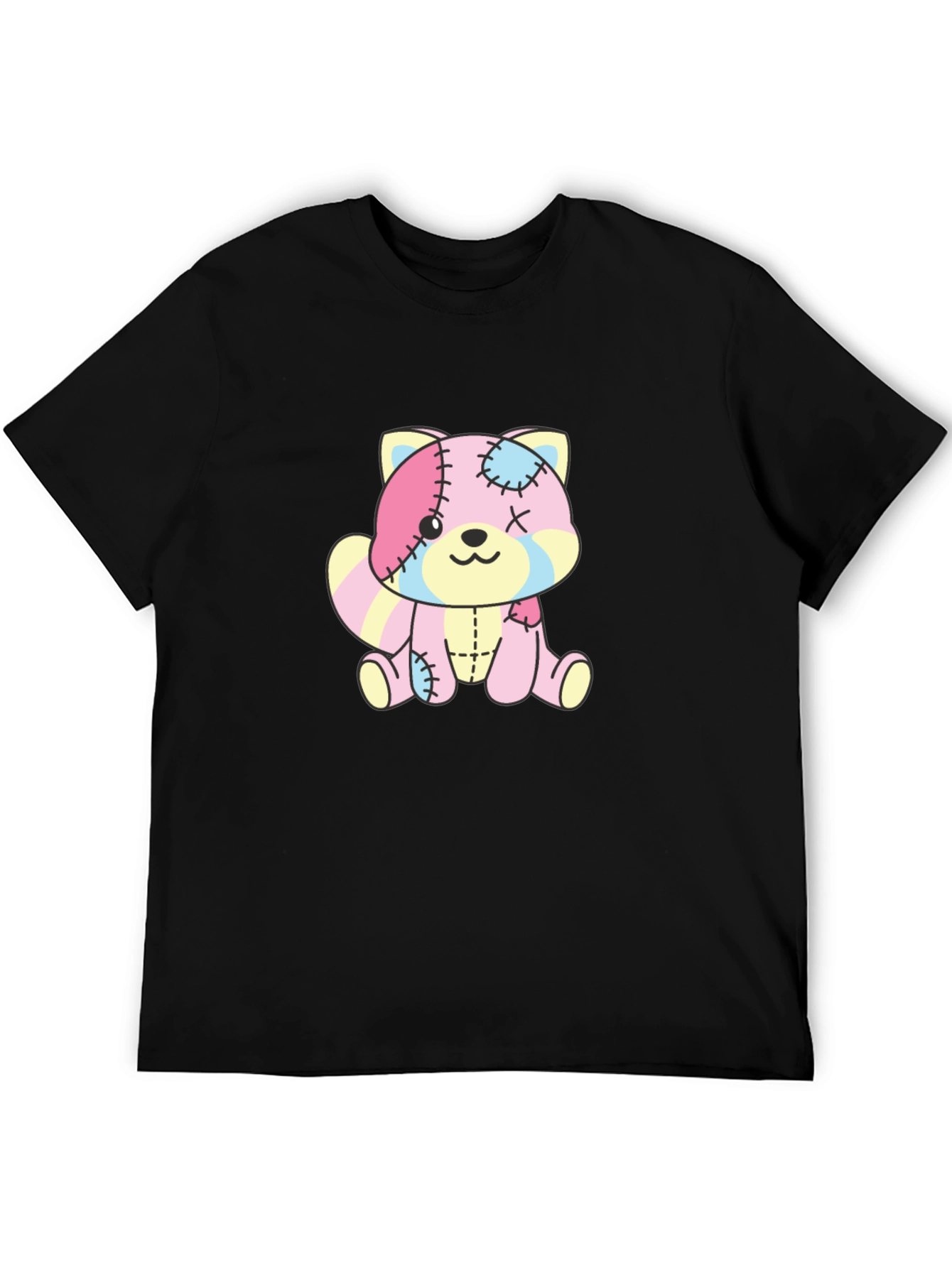 Cute Patchwork Bear Graphic Black T-Shirt