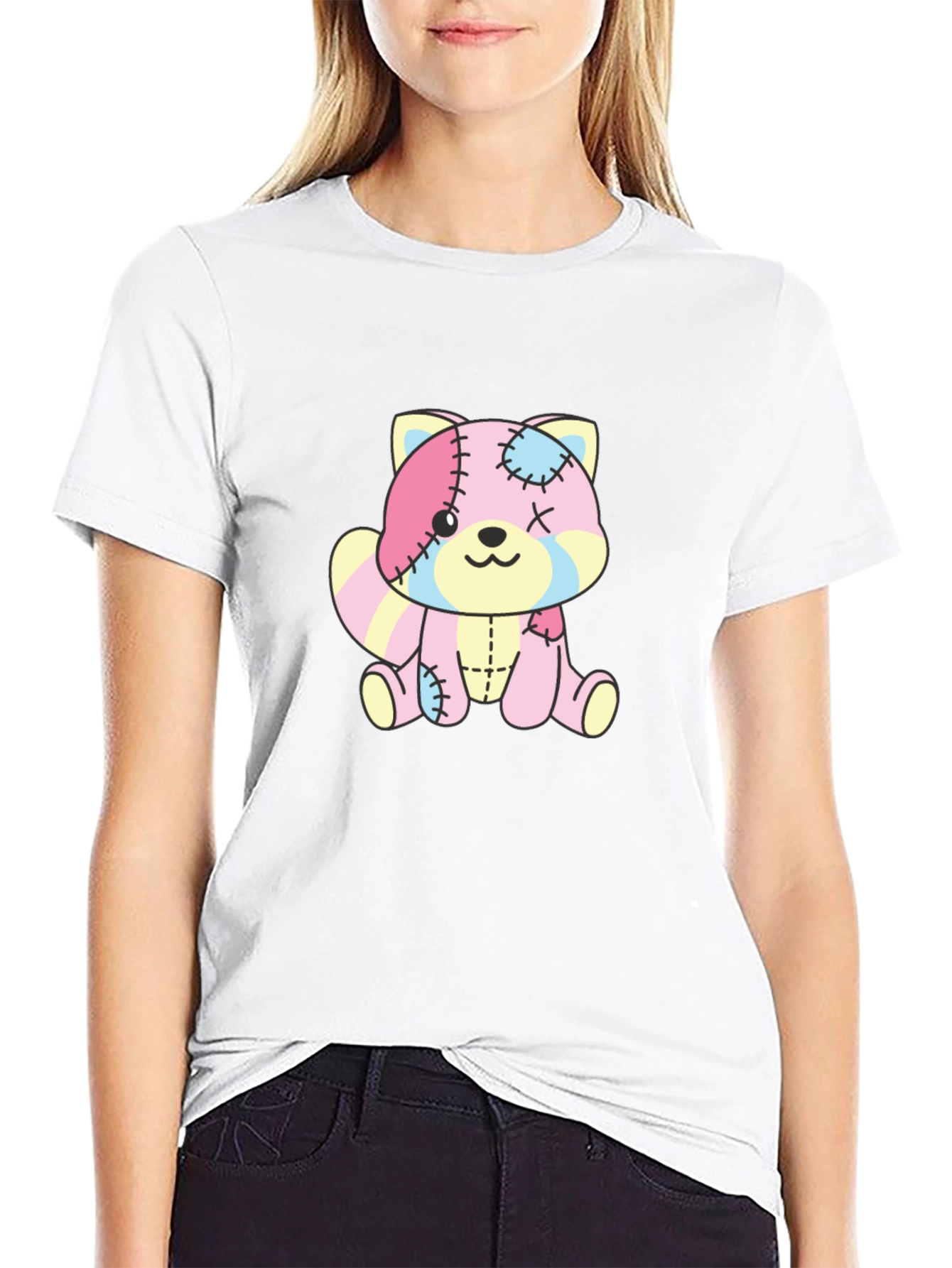 Cute Patchwork Bear Graphic Black T-Shirt
