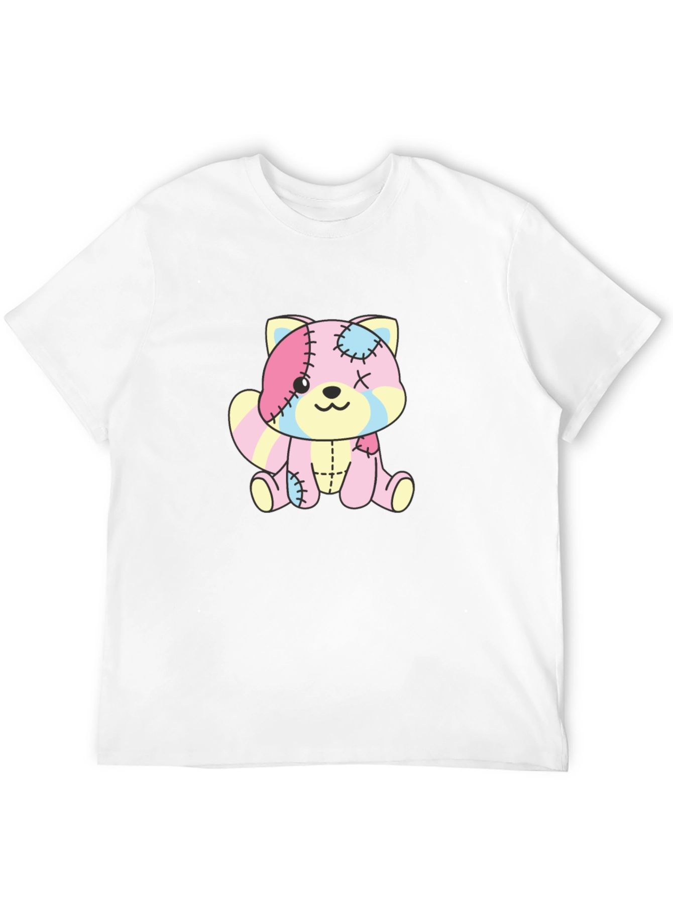 Cute Patchwork Bear Graphic Black T-Shirt