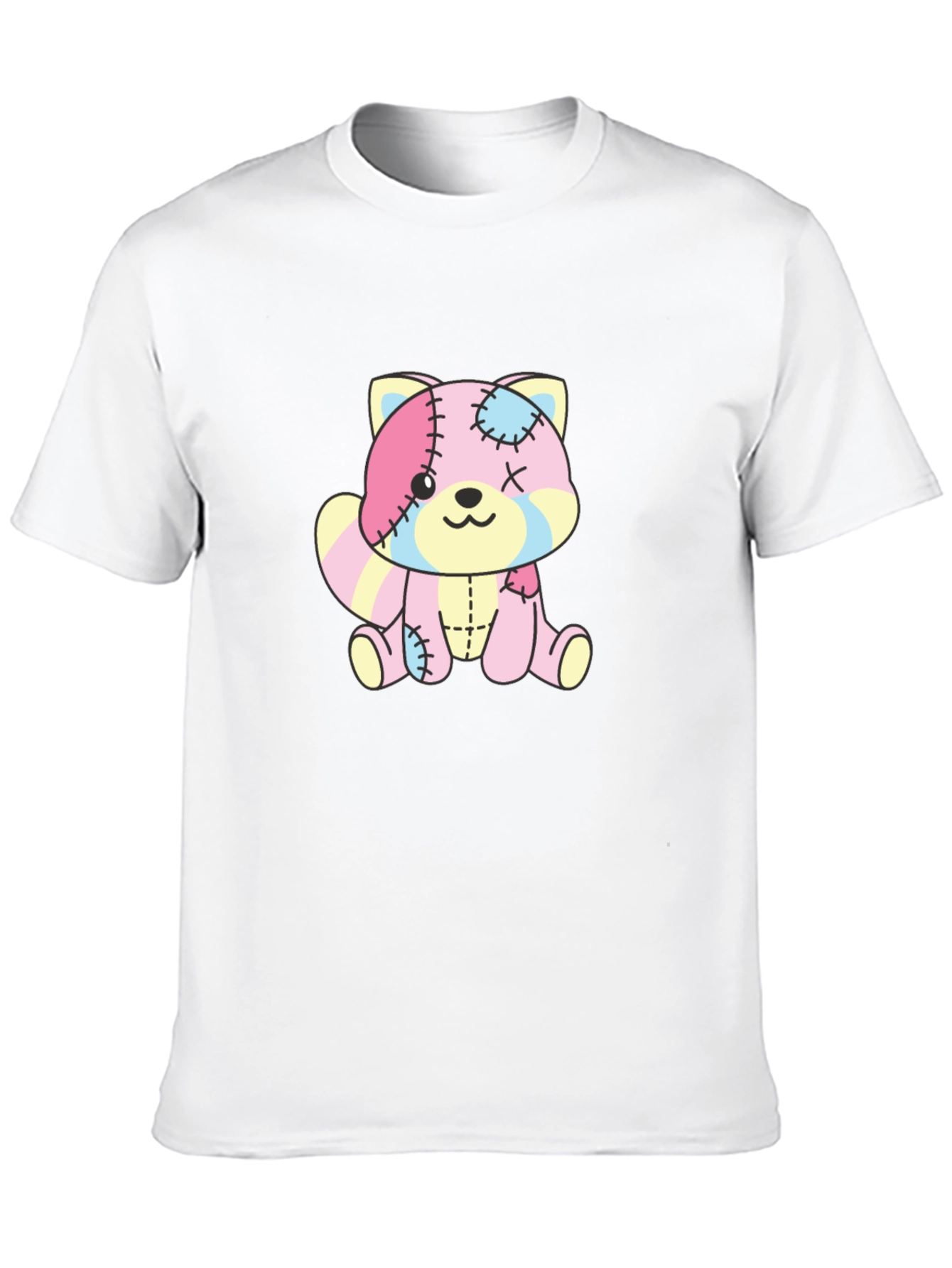 Cute Patchwork Bear Graphic Black T-Shirt