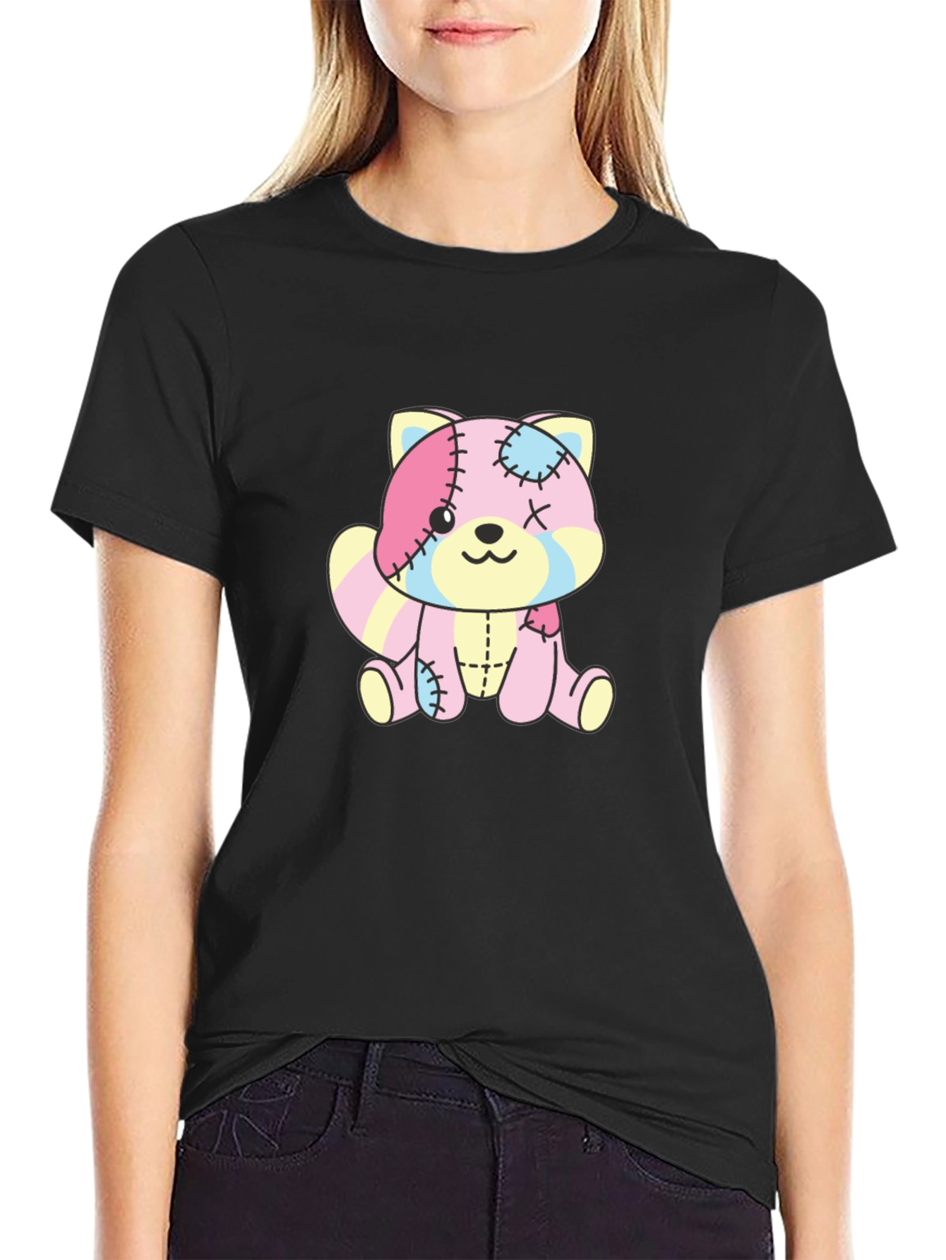 Cute Patchwork Bear Graphic Black T-Shirt
