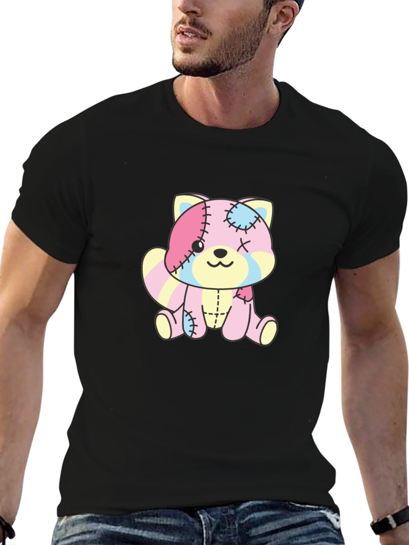 Cute Patchwork Bear Graphic Black T-Shirt