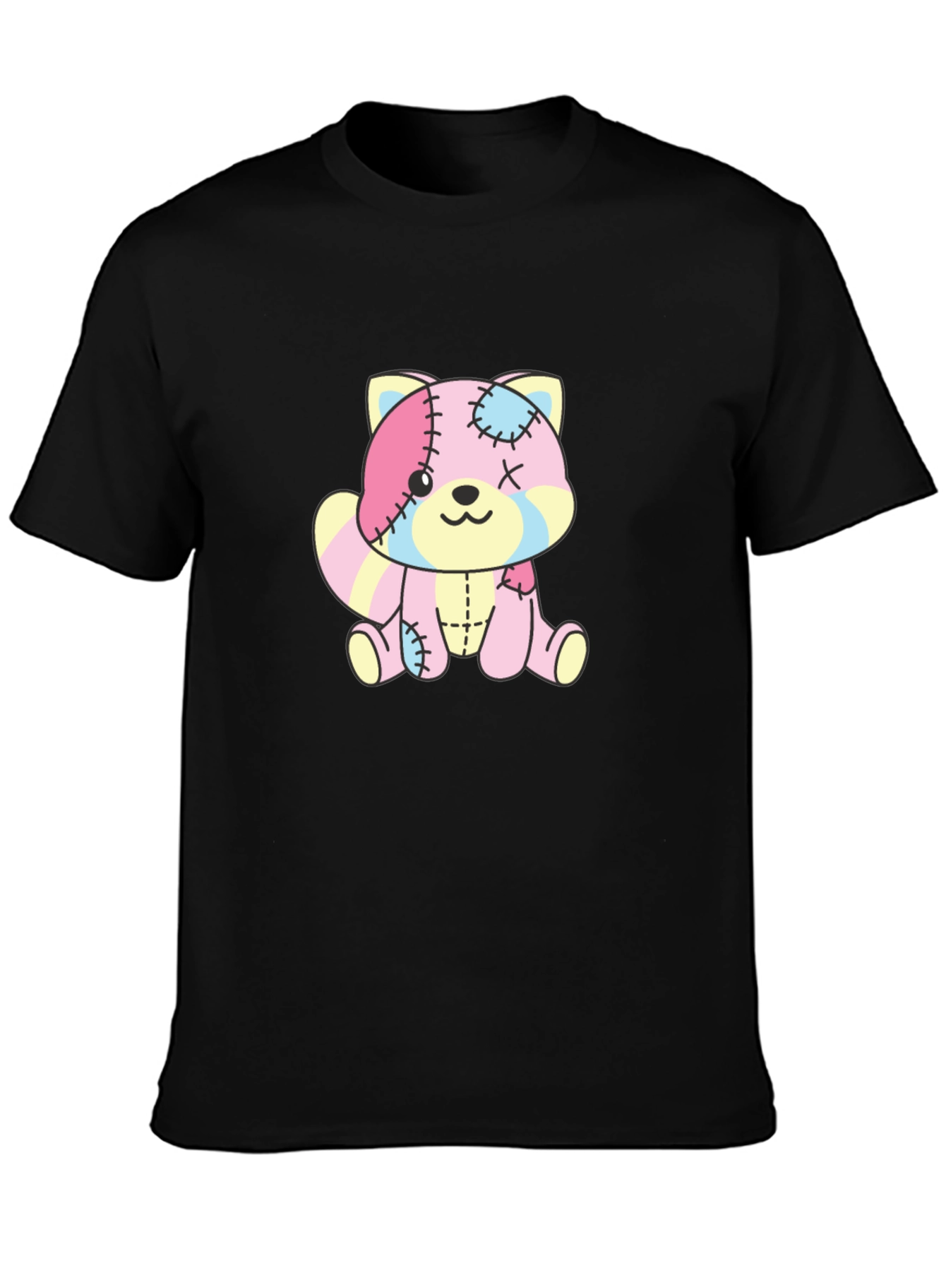 Cute Patchwork Bear Graphic Black T-Shirt