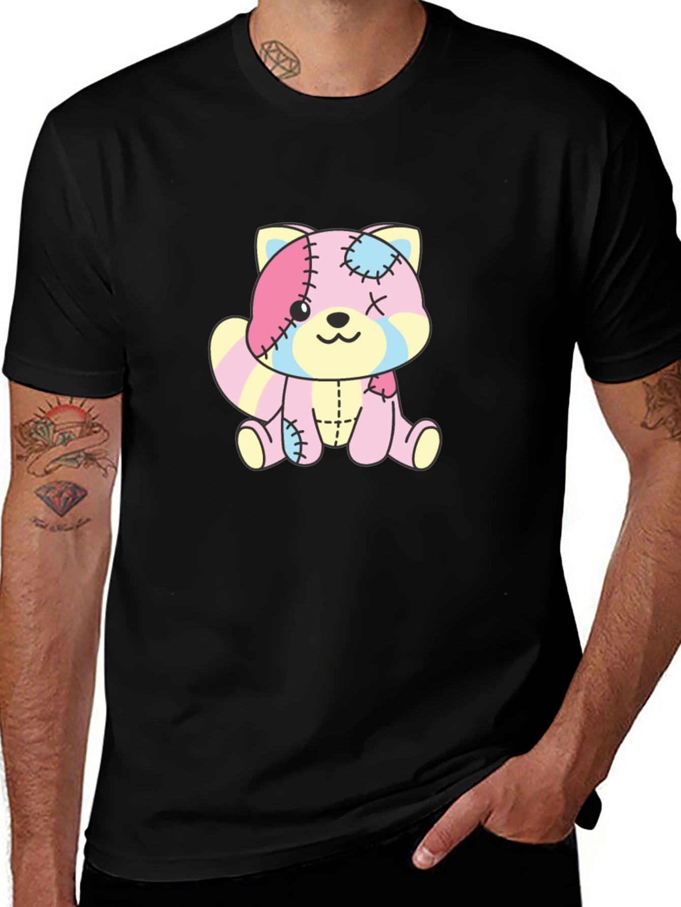 Cute Patchwork Bear Graphic Black T-Shirt