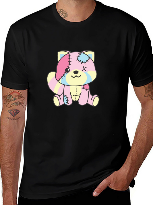 Cute Patchwork Bear Graphic Black T-Shirt
