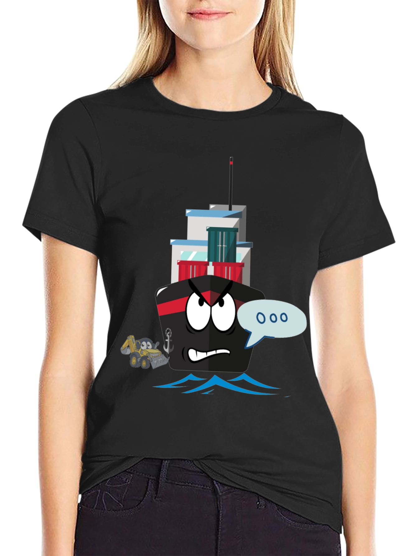 Cartoon Ship Graphic Tee - Black Cotton T-Shirt