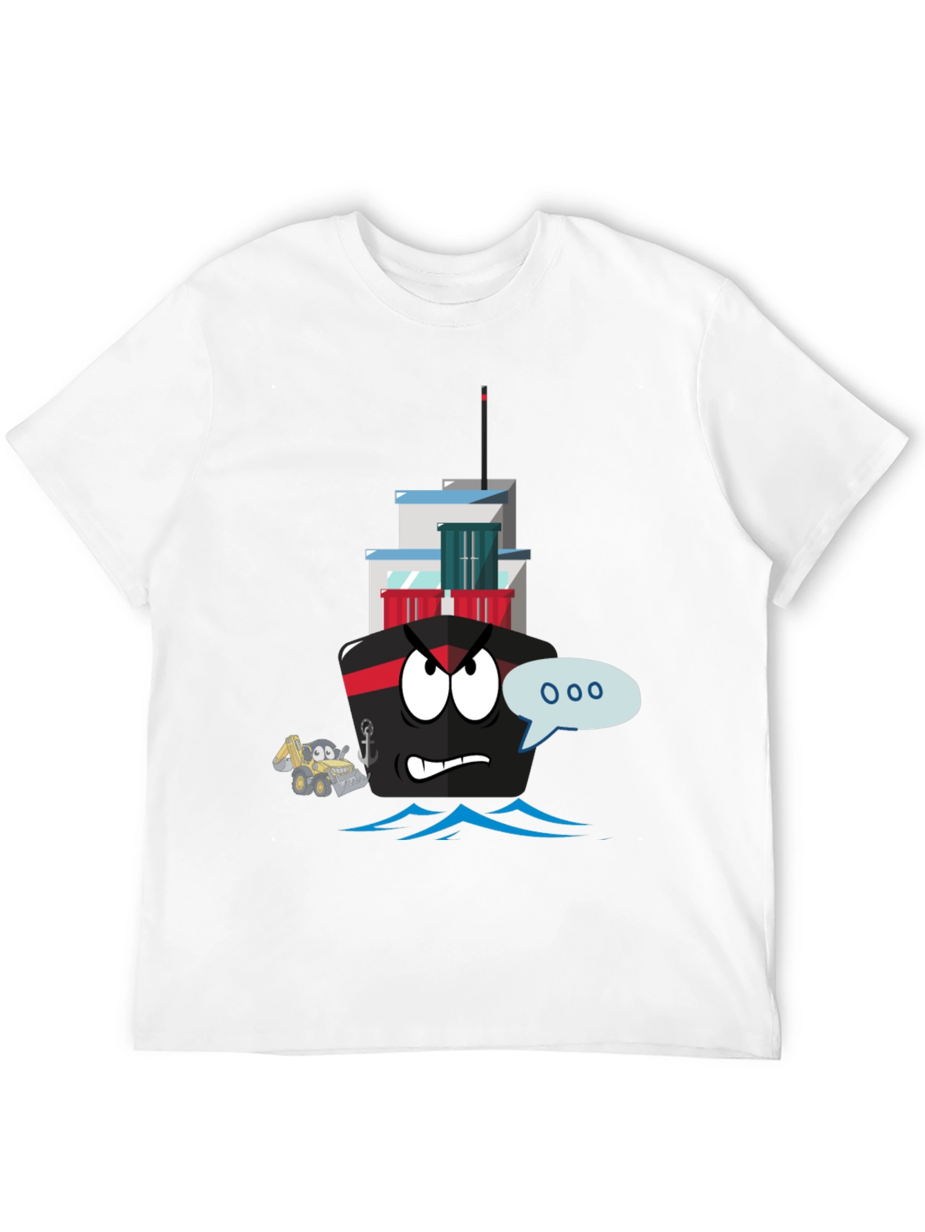 Cartoon Ship Graphic Tee - Black Cotton T-Shirt