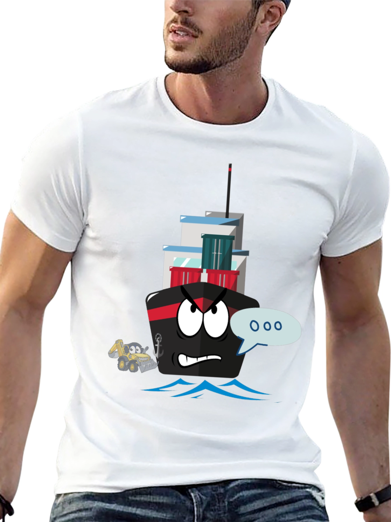 Cartoon Ship Graphic Tee - Black Cotton T-Shirt