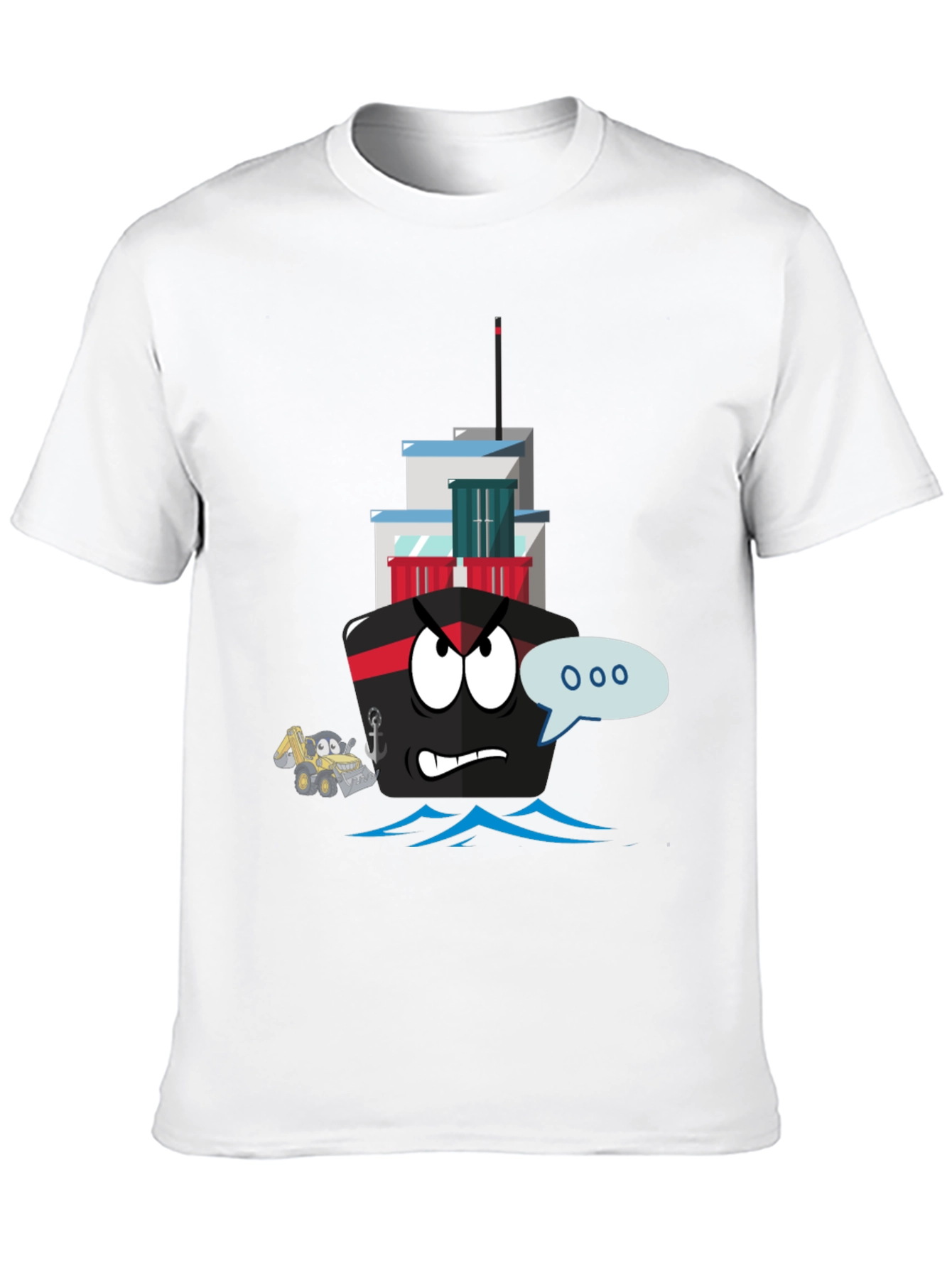 Cartoon Ship Graphic Tee - Black Cotton T-Shirt