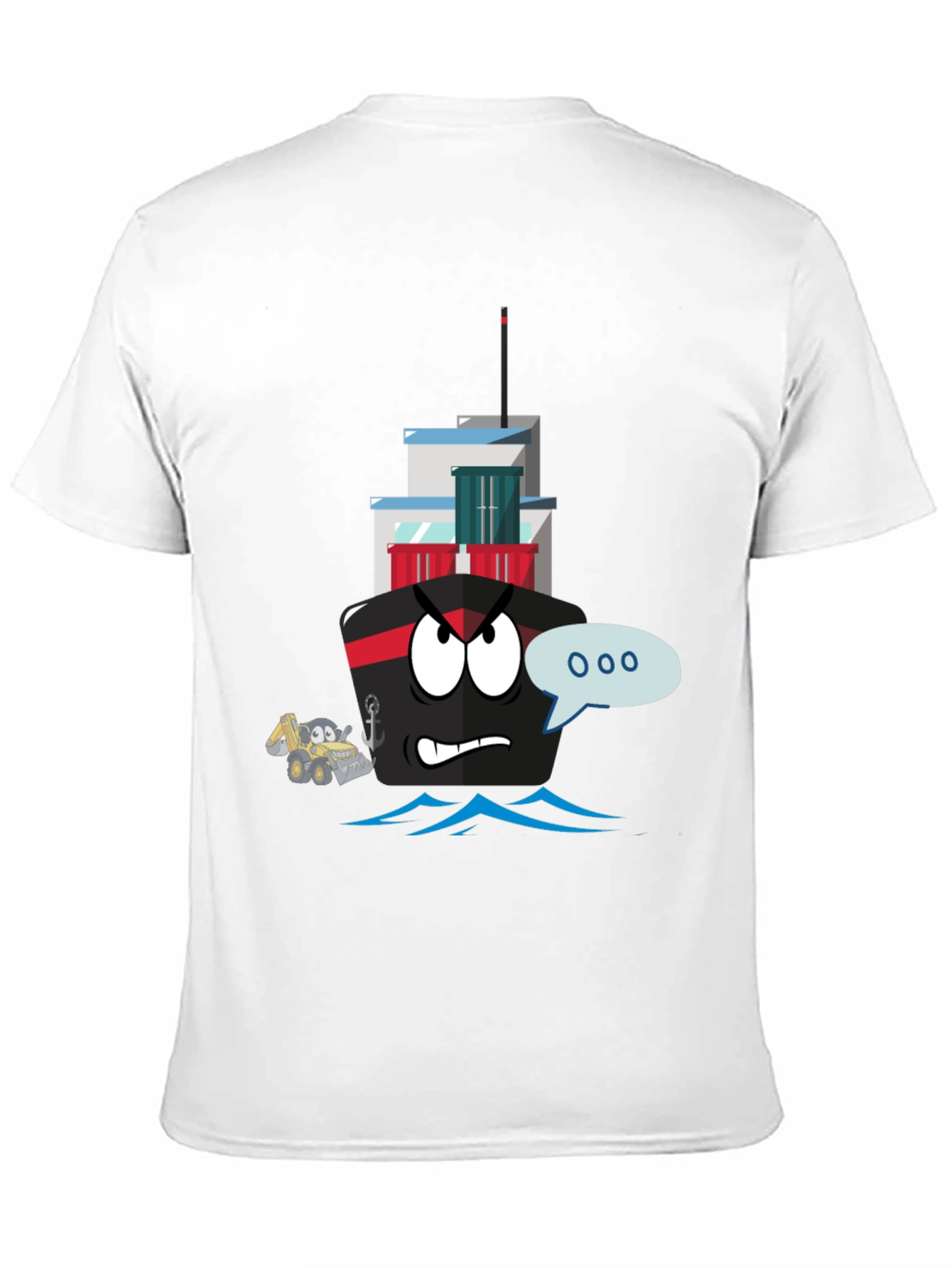 Cartoon Ship Graphic Tee - Black Cotton T-Shirt