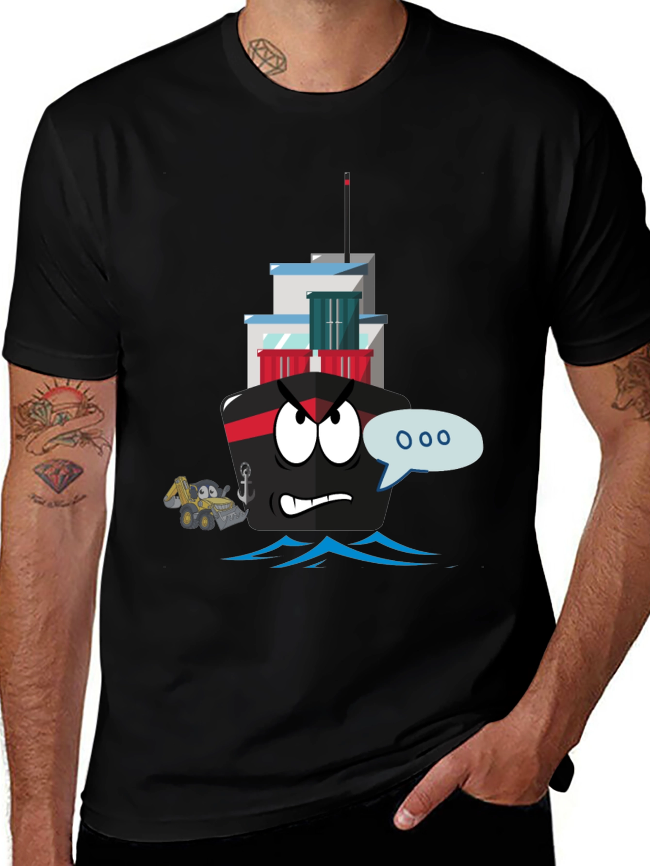 Cartoon Ship Graphic Tee - Black Cotton T-Shirt