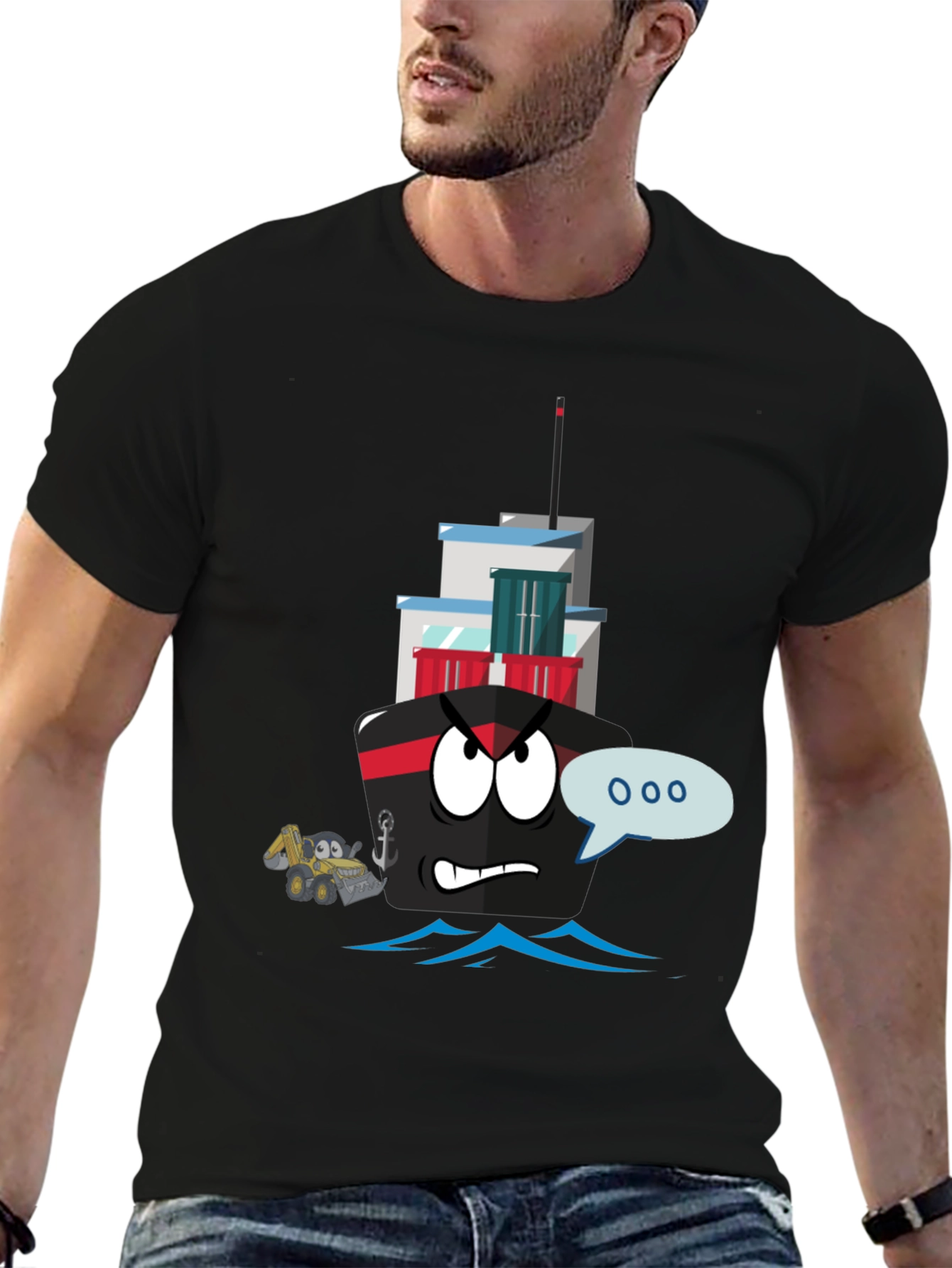 Cartoon Ship Graphic Tee - Black Cotton T-Shirt