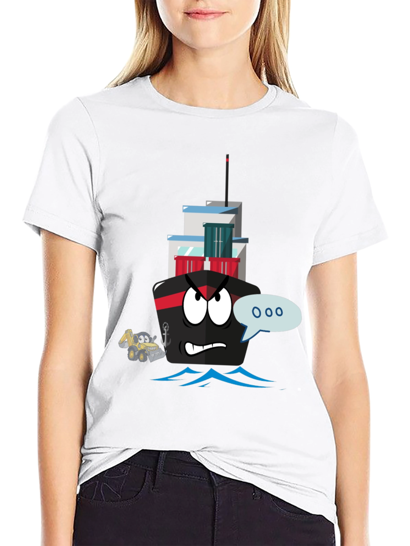 Cartoon Ship Graphic Tee - Black Cotton T-Shirt