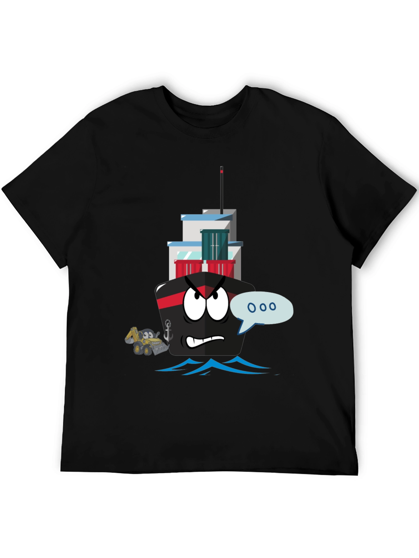 Cartoon Ship Graphic Tee - Black Cotton T-Shirt