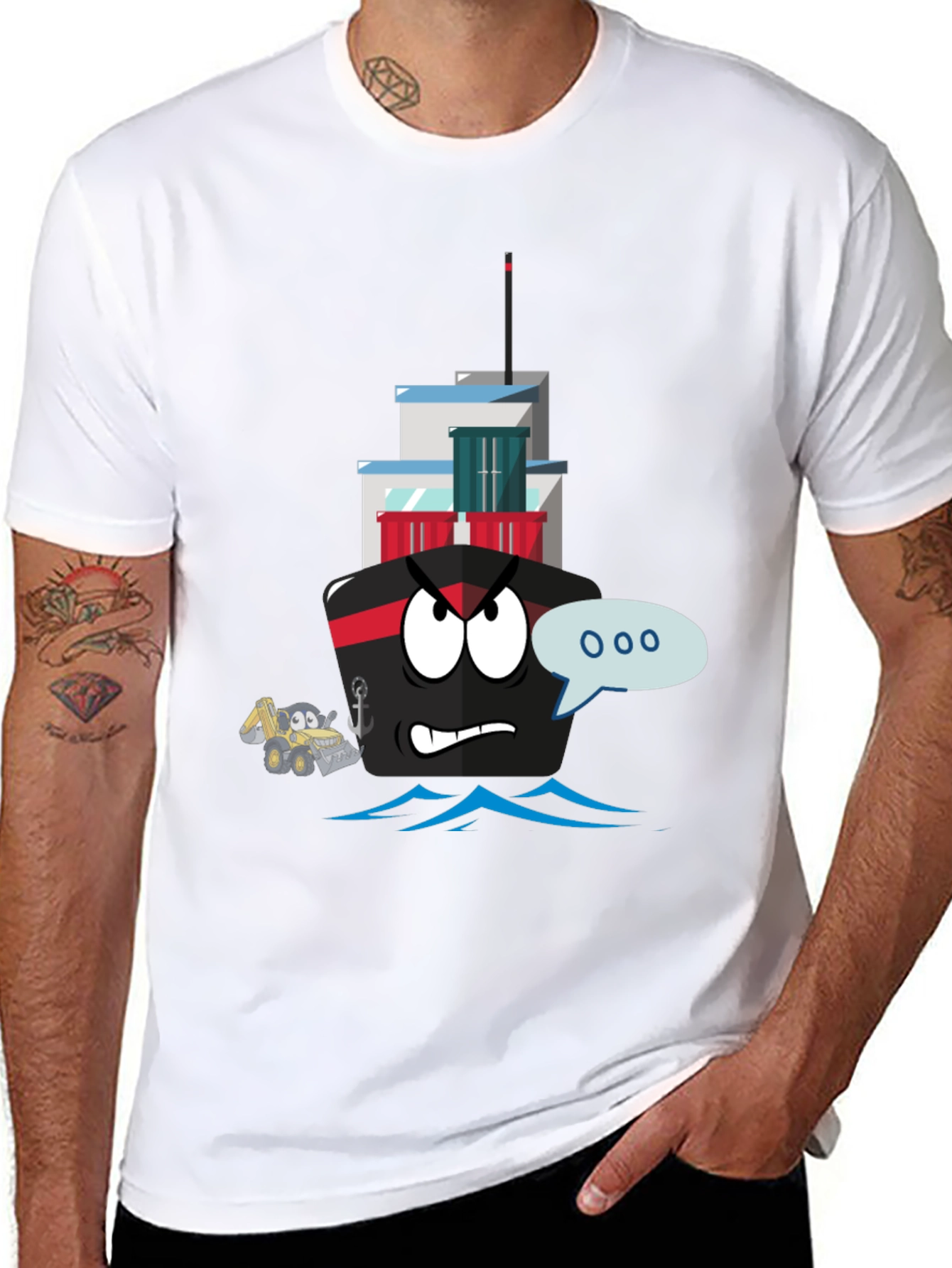 Cartoon Ship Graphic Tee - Black Cotton T-Shirt