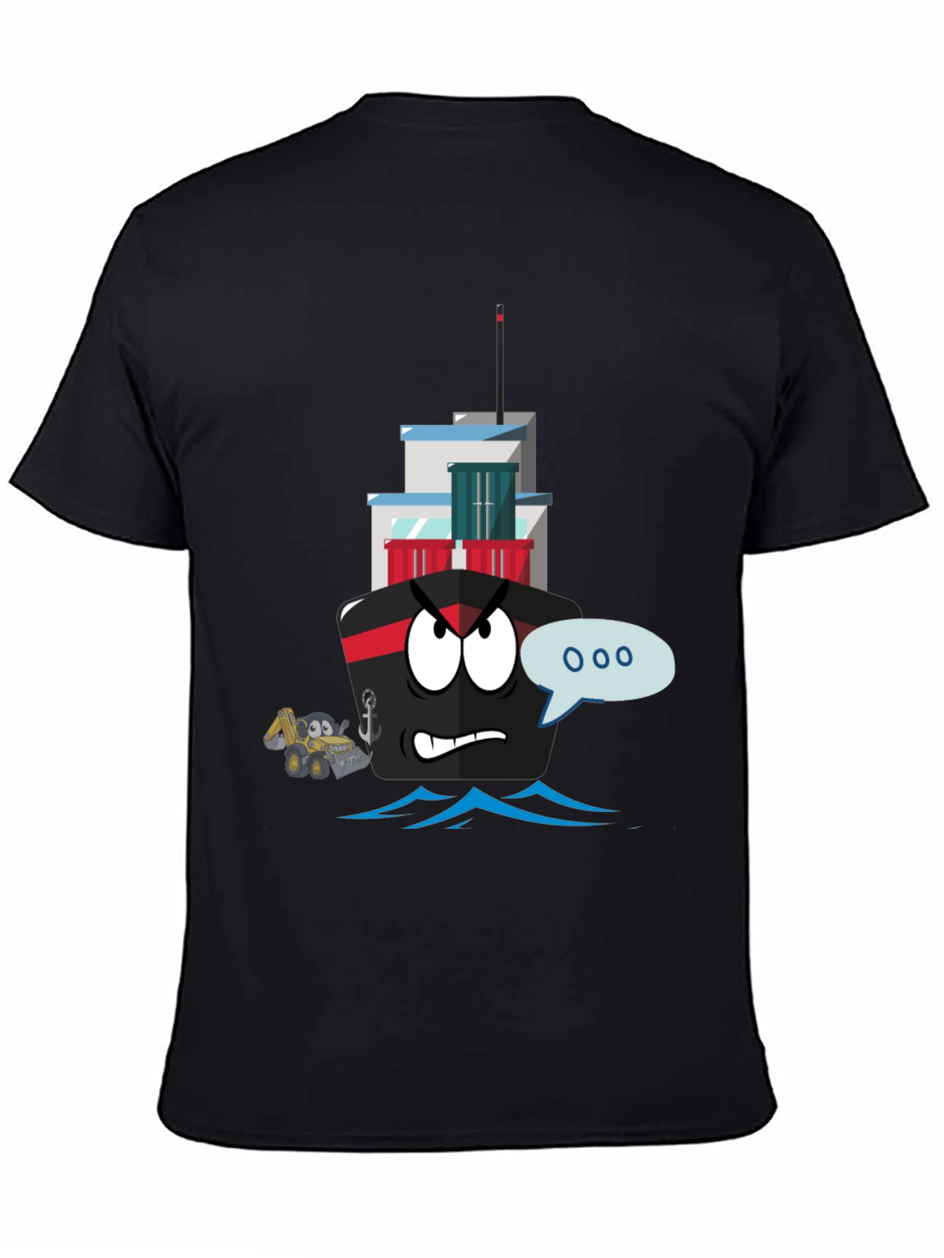 Cartoon Ship Graphic Tee - Black Cotton T-Shirt