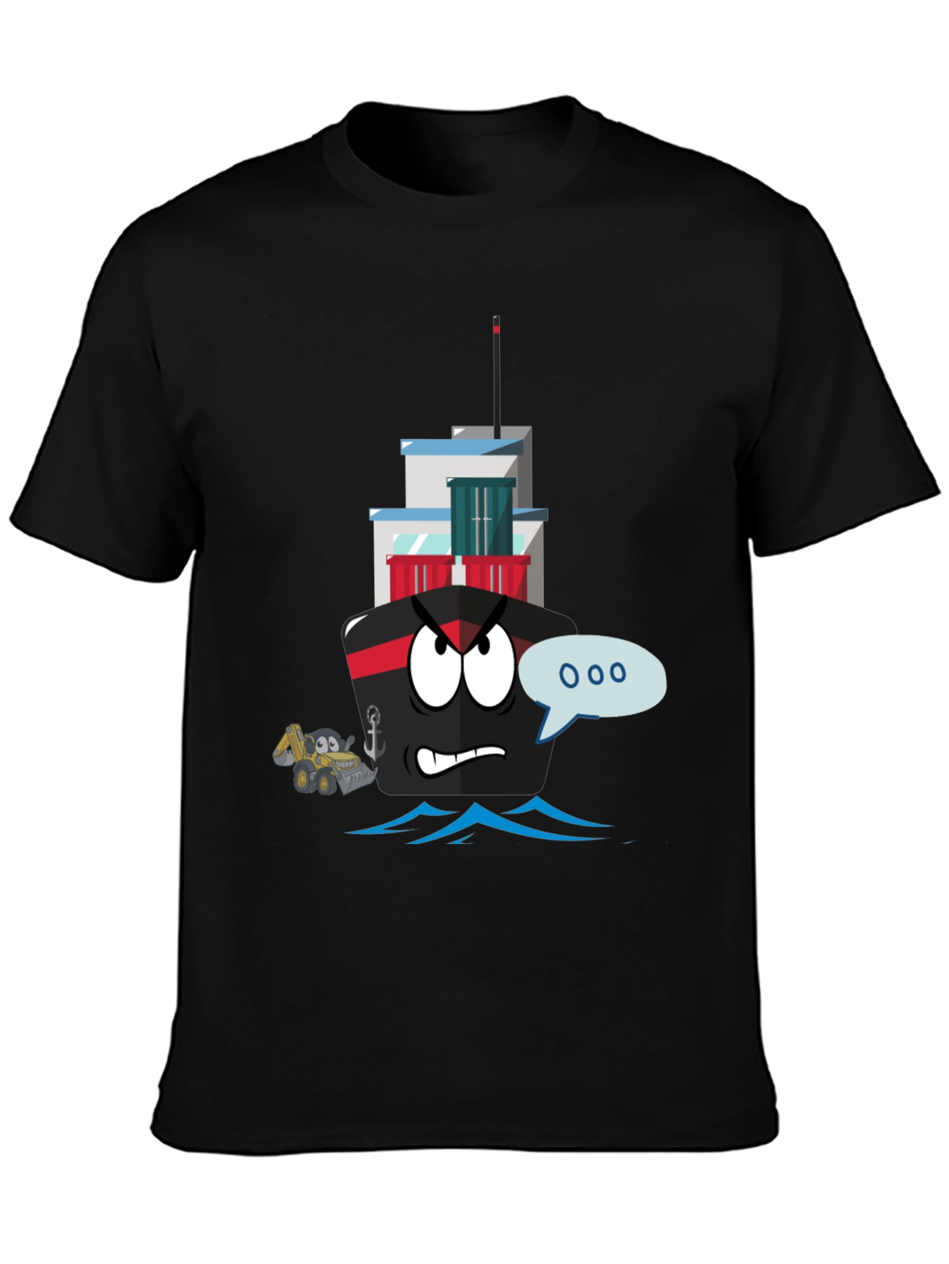 Cartoon Ship Graphic Tee - Black Cotton T-Shirt