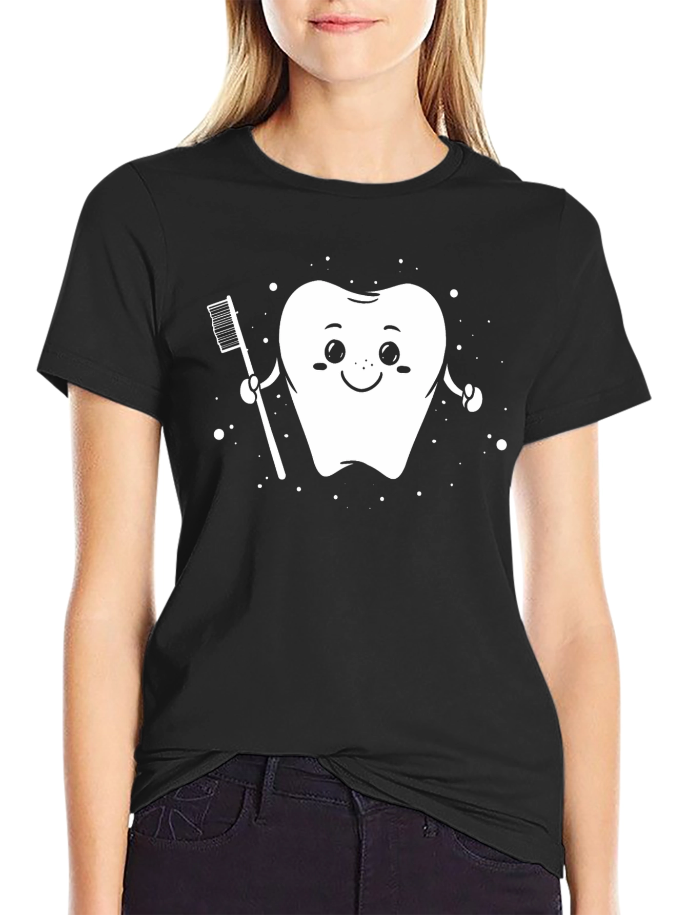 Cute Tooth and Toothbrush Black T-Shirt