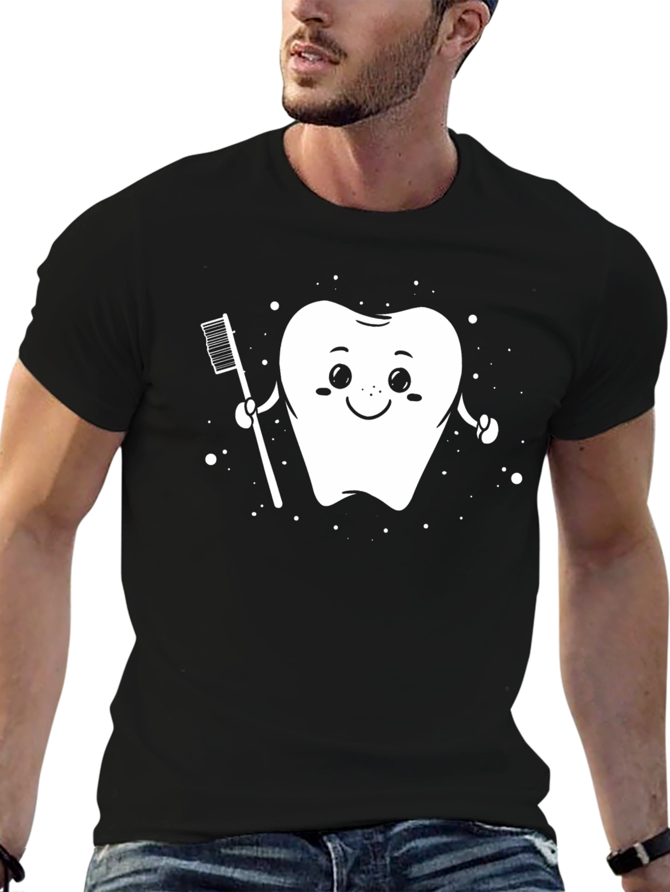 Cute Tooth and Toothbrush Black T-Shirt