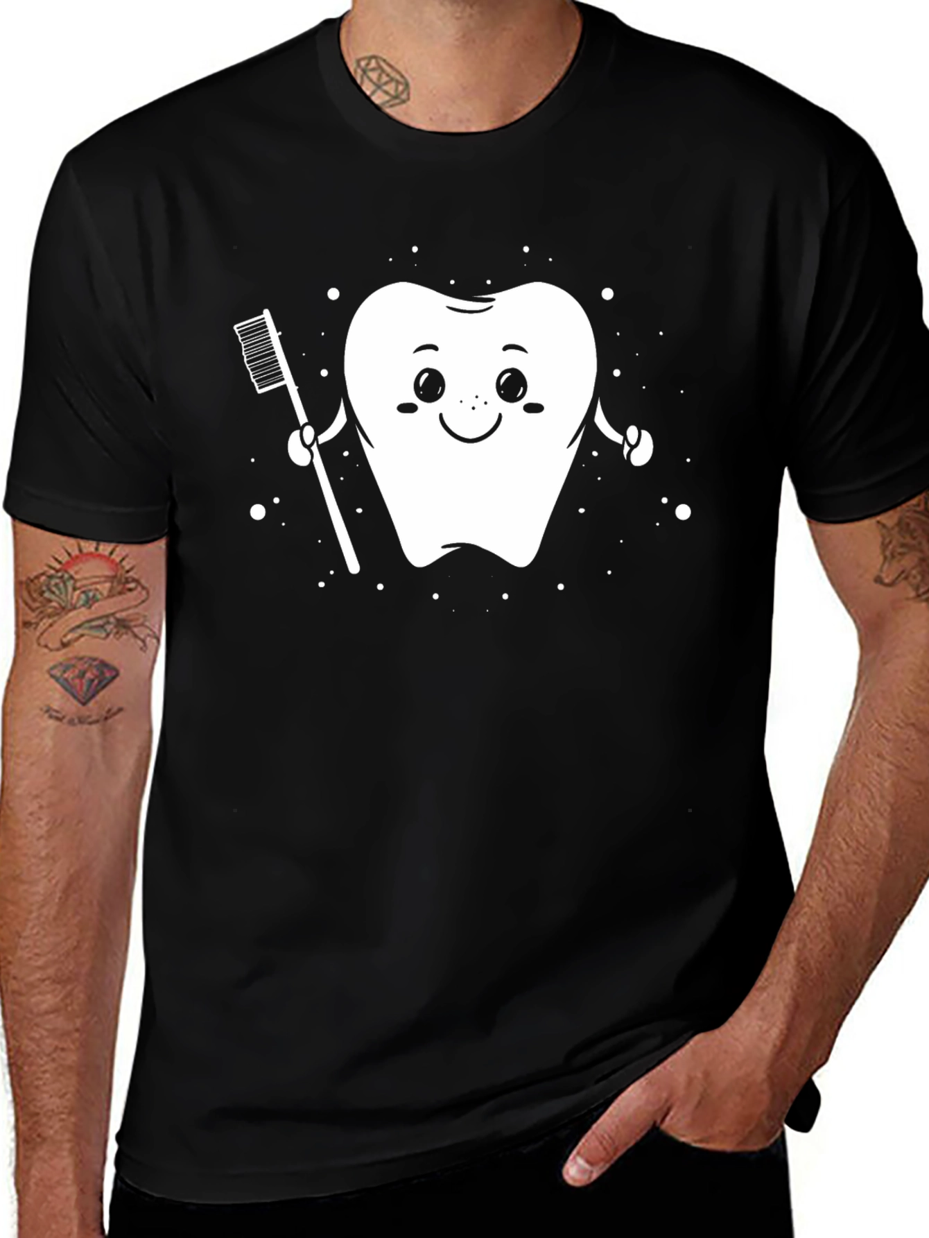 Cute Tooth and Toothbrush Black T-Shirt