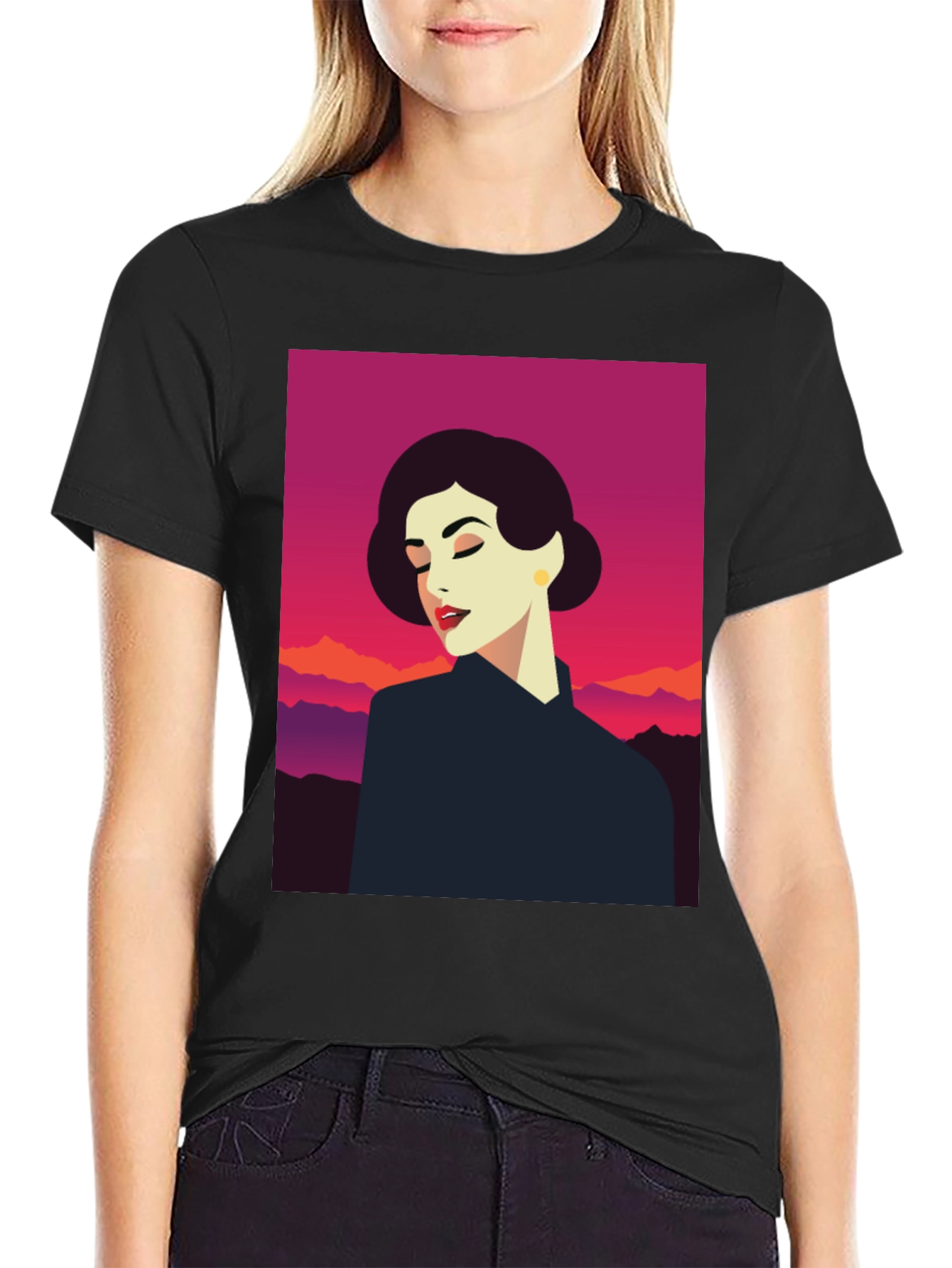 Retro Woman Graphic Tee - Black Cotton T-Shirt