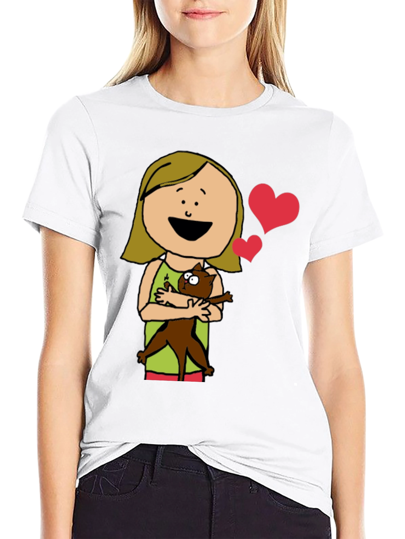 Cartoon Girl with Cat Graphic Tee