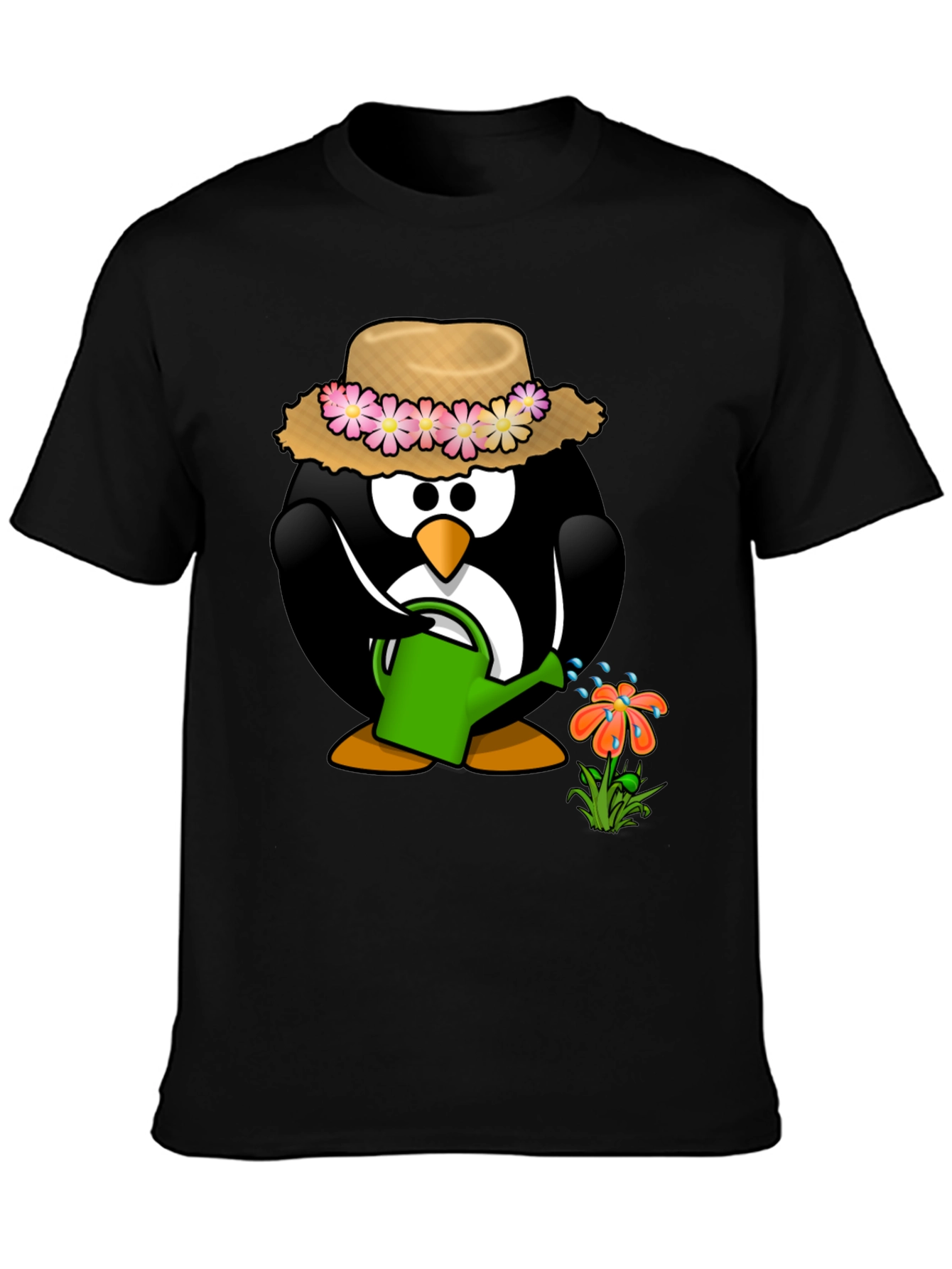Gardening Penguin Graphic Tee - Black Cotton T-Shirt