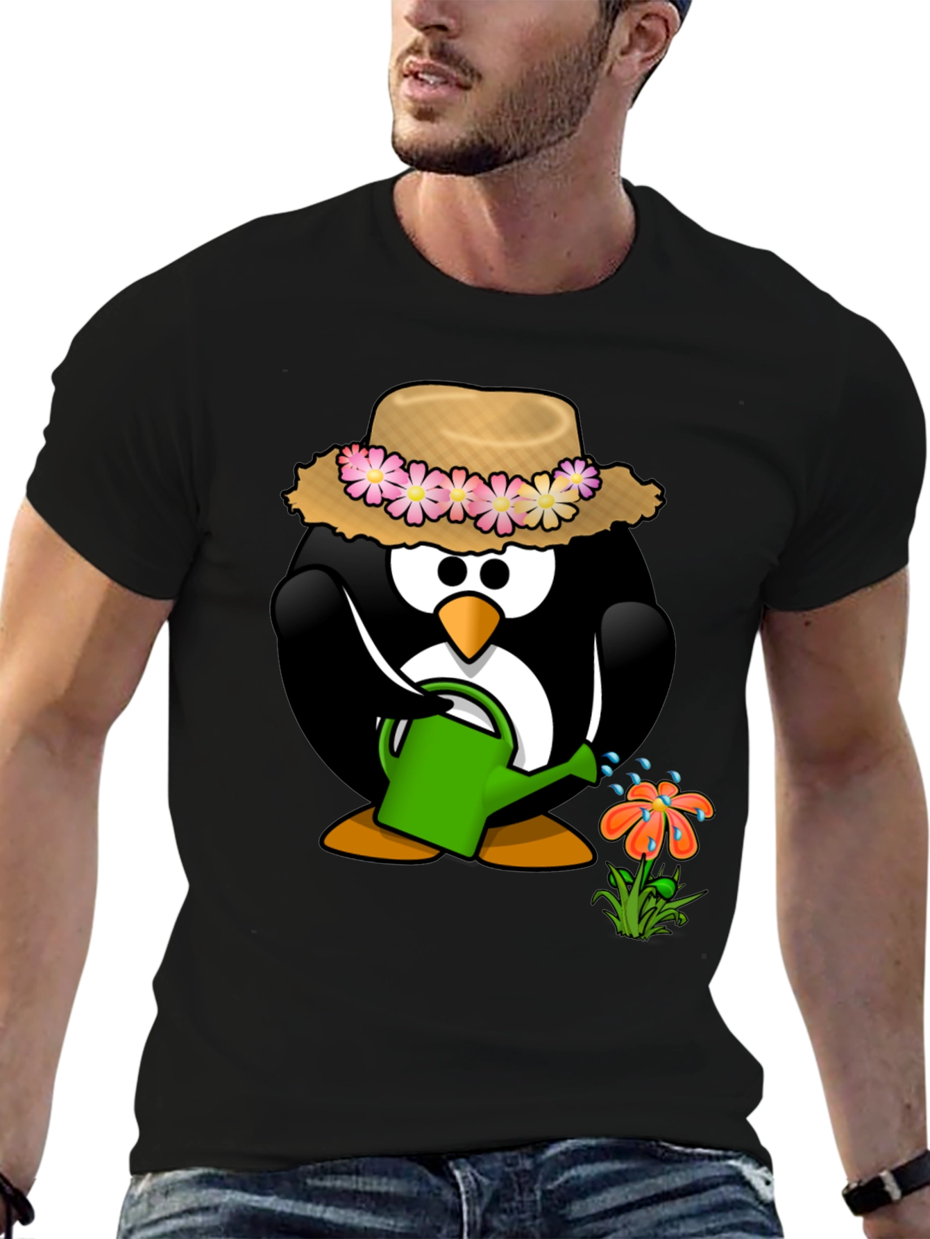 Gardening Penguin Graphic Tee - Black Cotton T-Shirt
