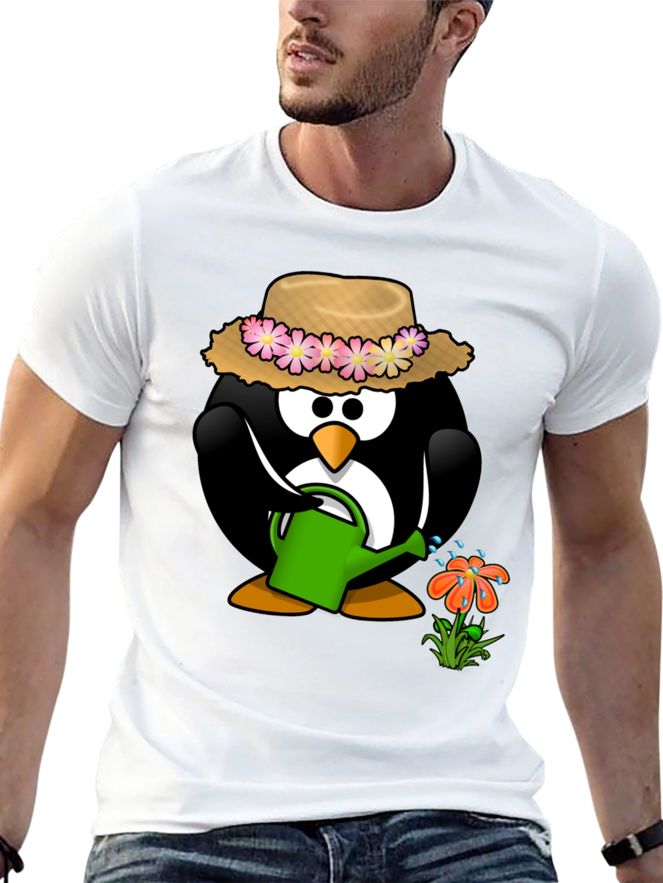 Gardening Penguin Graphic Tee - Black Cotton T-Shirt
