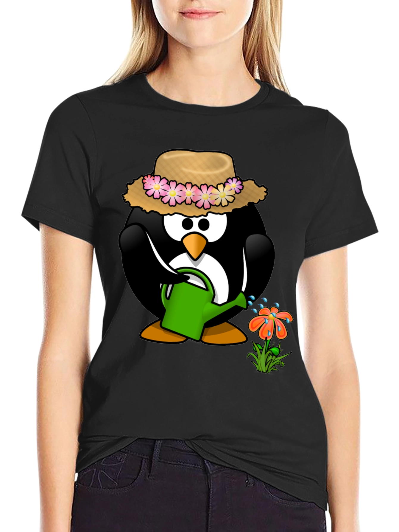 Gardening Penguin Graphic Tee - Black Cotton T-Shirt